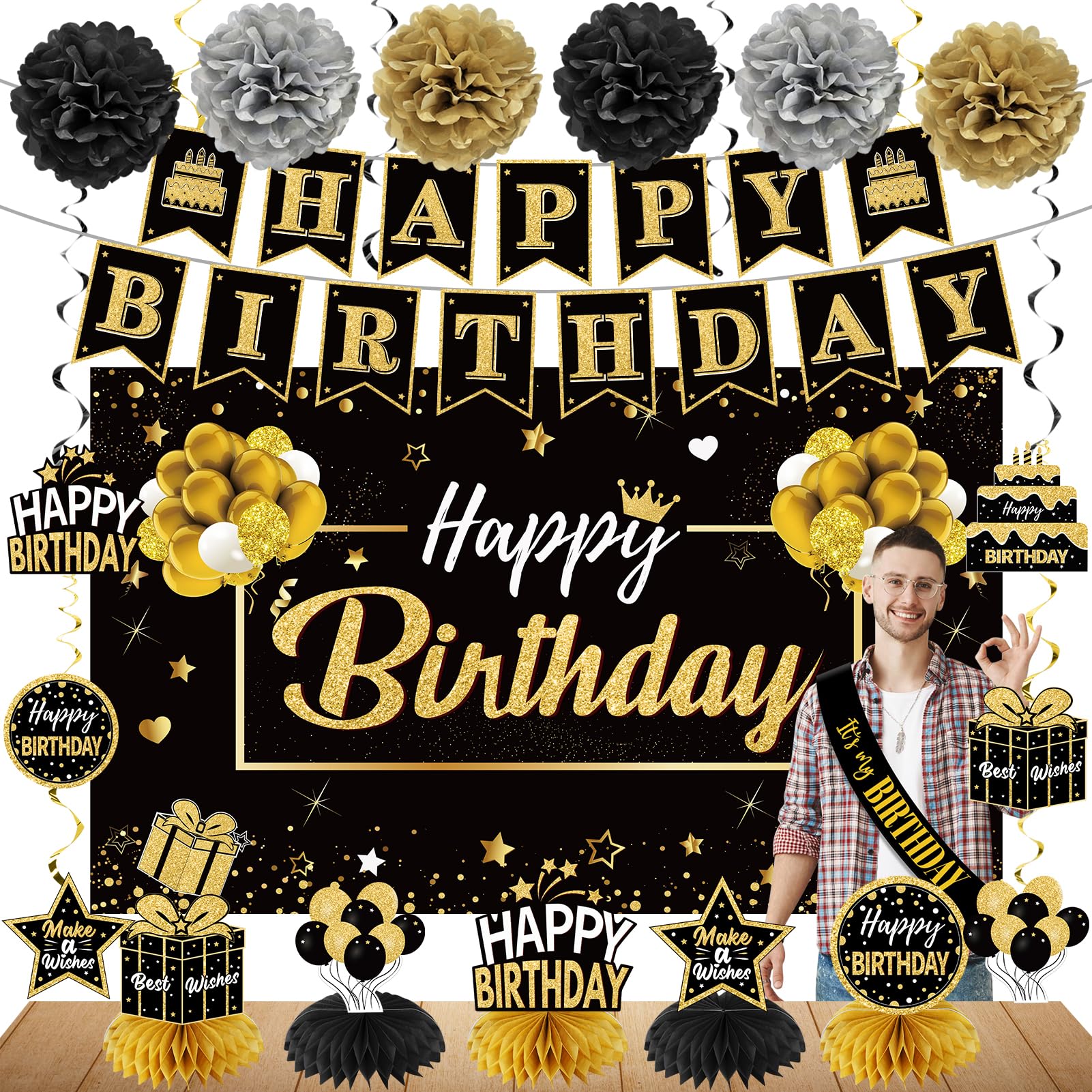 Zirtorei 20Pcs Black And Gold Birthday Party Decorations Kit For Men Women, Happy Birthday Banner Backdrop Honeycomb Centerpiece