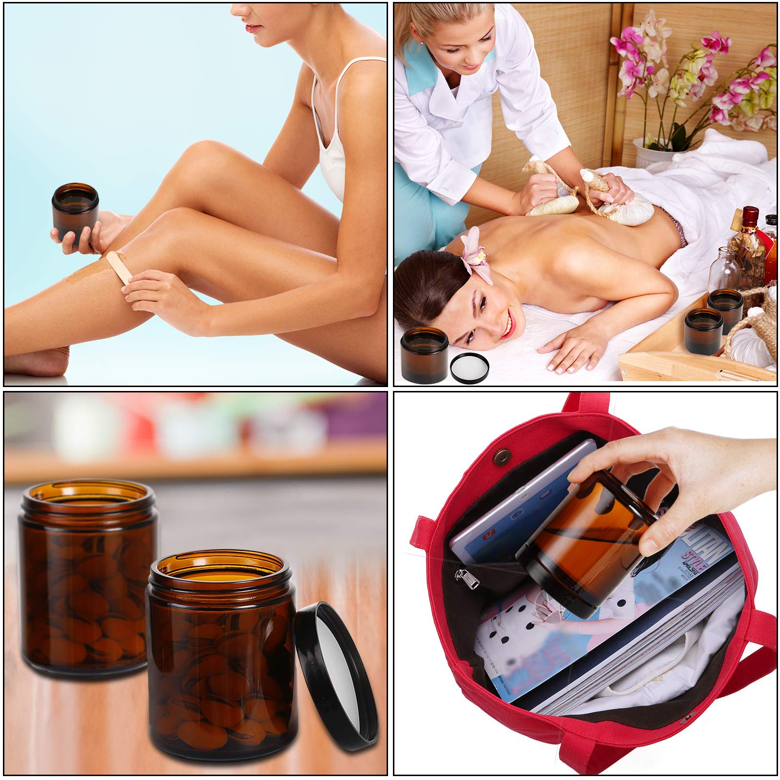 12 Pack 8 oz Amber Glass Jars with Lids  Round Empty Containers for Scrubs  Lotions  Cosmetic  Ointments and Butters  Travel Storage Jar with White Inner Liners  Black Lids  lables and Spatulas