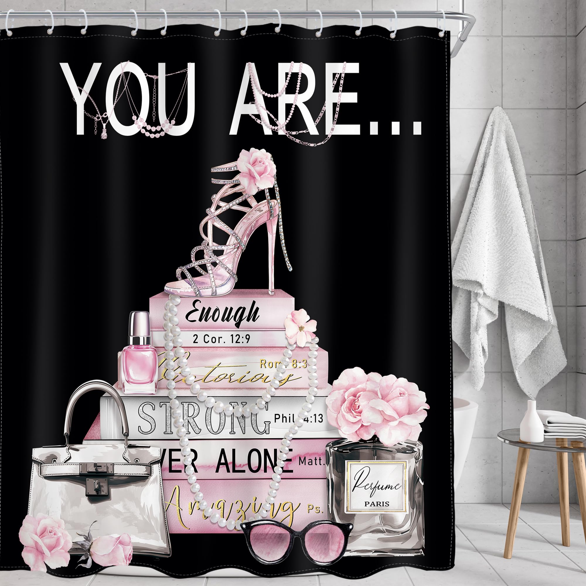 Ambzek Black Fashion Shower Curtain 60Wx72L Inch Pink Women Girls Modern Perfume Flower High Heel Magazine Book You Are Artwork
