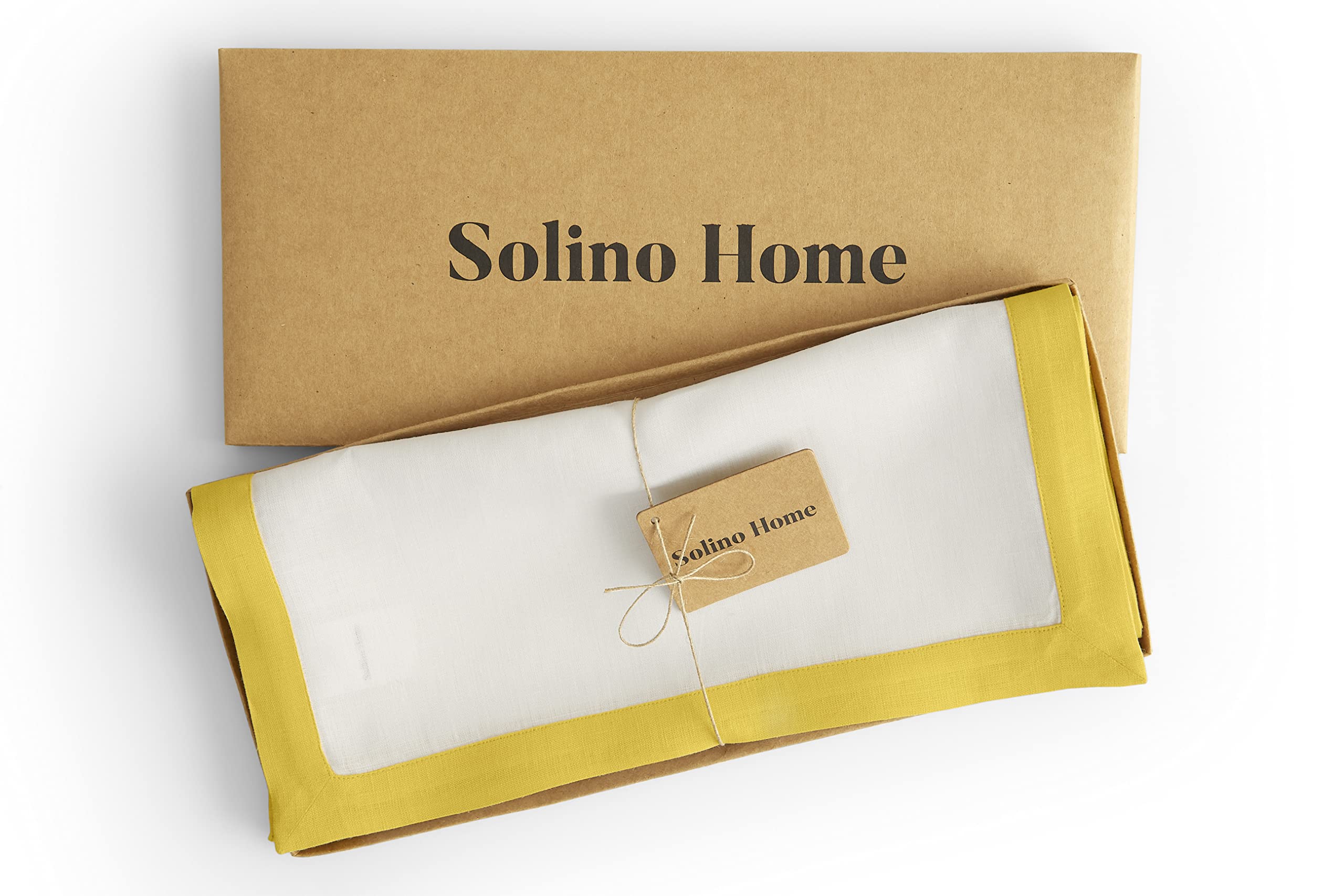 Solino Home Linen Table Runner - Sunshine Yellow and White 14 x 36 Inch - 100% Pure Linen Classic Table Runner for Spring  Summer - Handcrafted from European Flax and Machine Washable