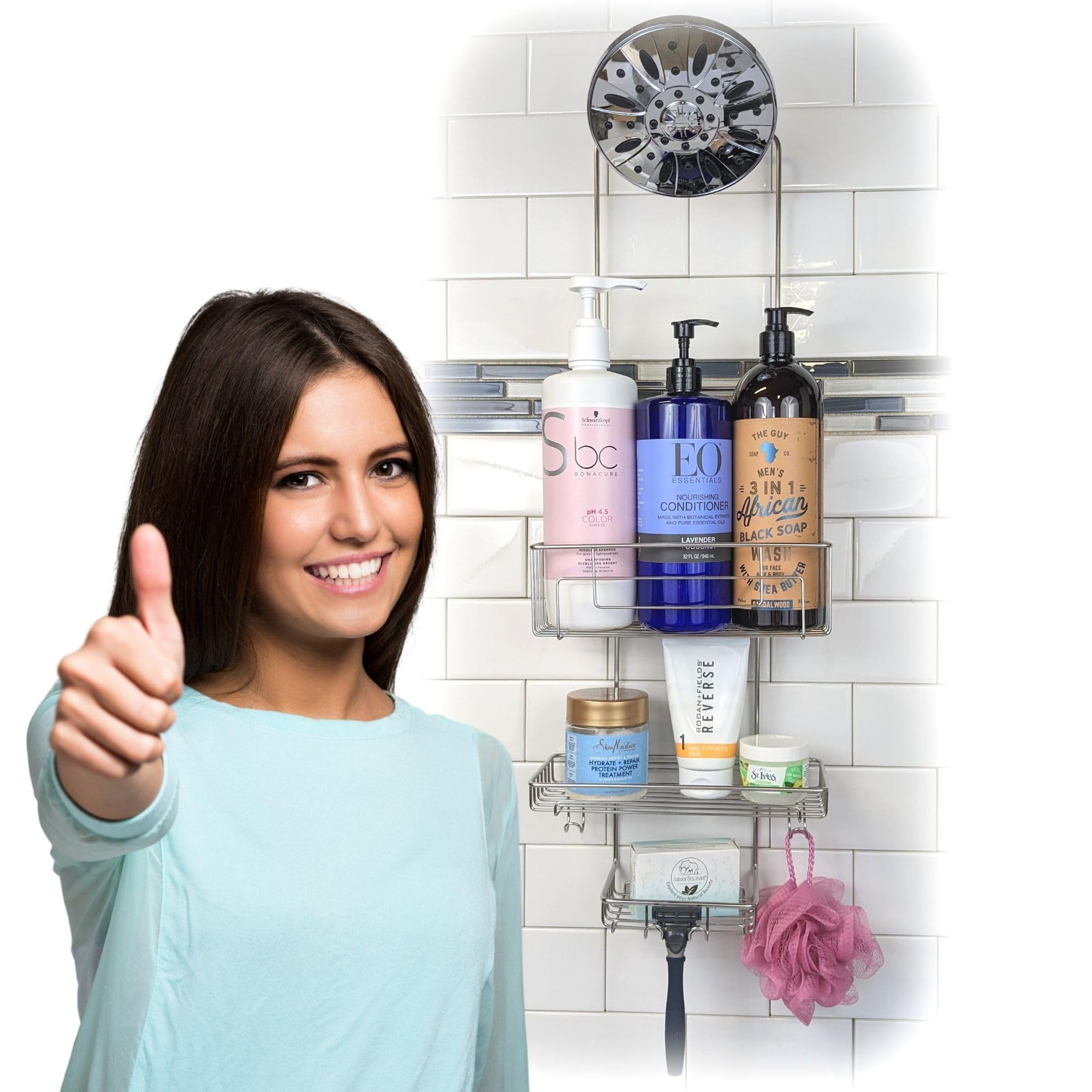 Gecko-Loc Extra Long Adjustable Length Deep Shelf Over The Showerhead Hanging Shower Caddy Organizer - Bathroom Caddies Storage