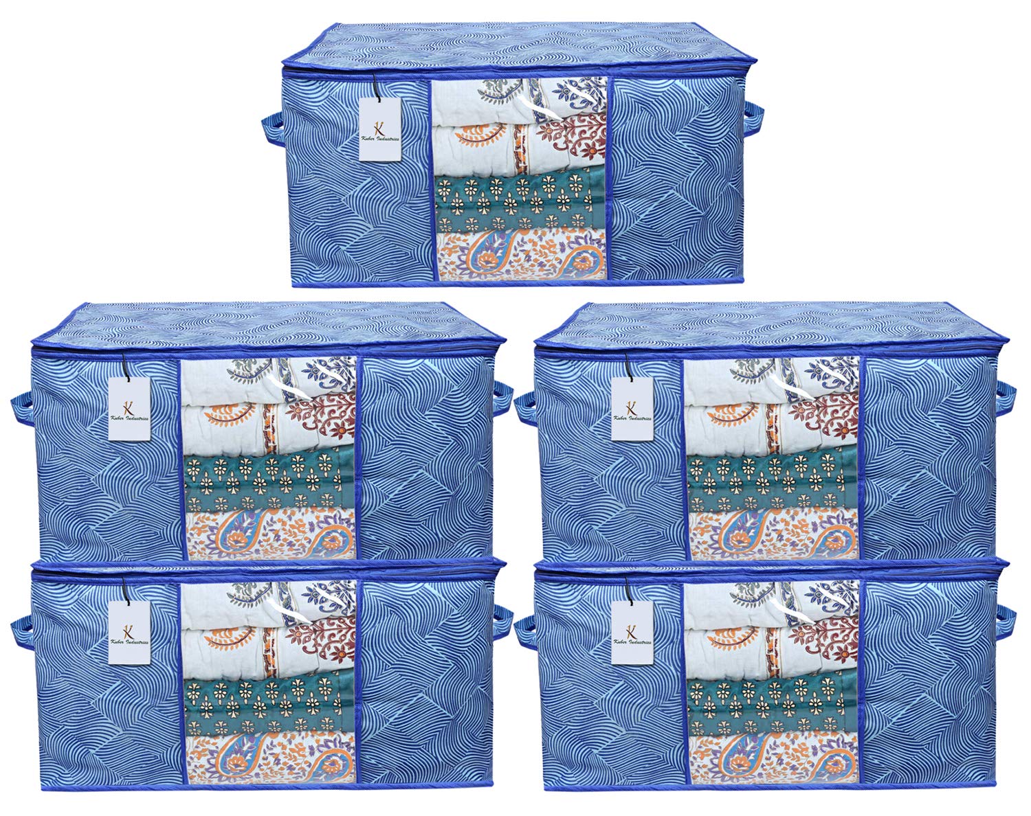 Kuber Industries Leheriya Design Underbed Blanket Cover Storage Bag Organiser Set Of 5  (Royal Blue, Extra Large Size  Ctktc15