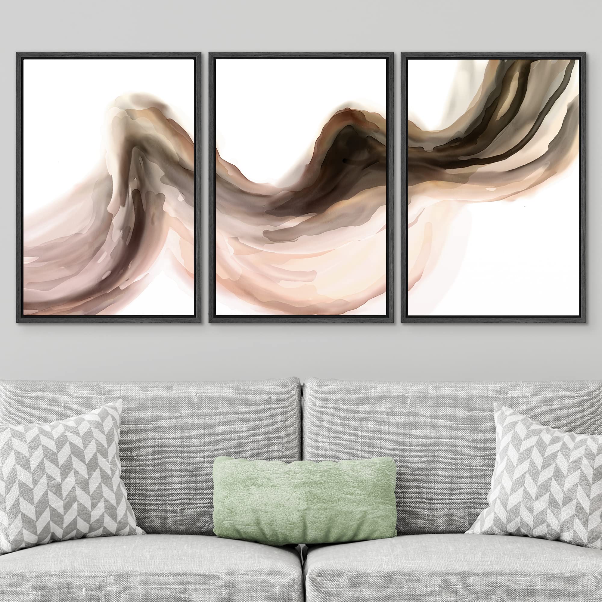 Signwin Framed Canvas Print Wall Art Set Pastel Watercolor Brown Black Paint Stroke Landscape Abstract Shapes Illustrations Mode