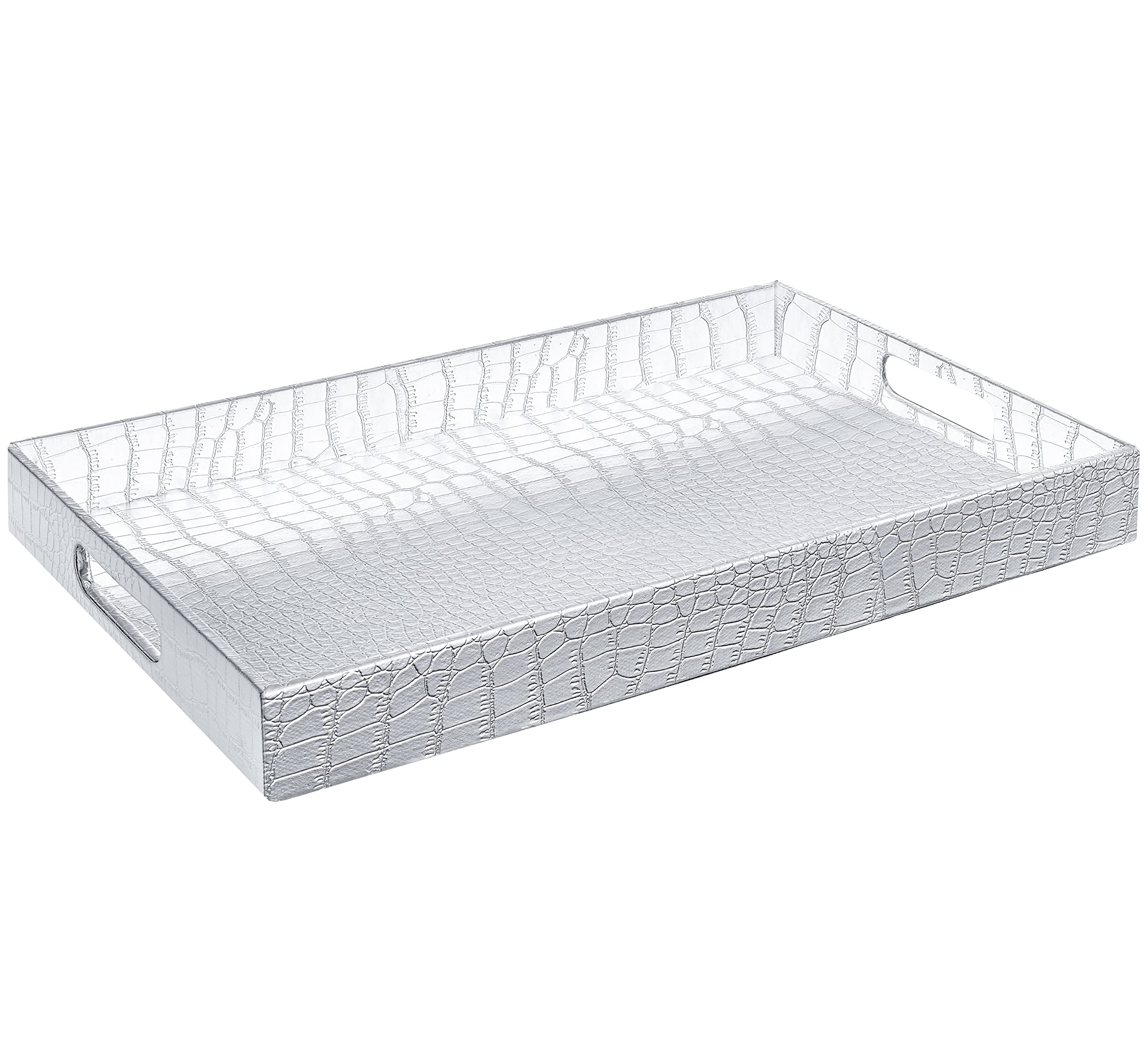 Home Redefined 18   X12    Rectangle Alligator Faux Leather Decorative Serving Tray With Handles, Silver Bathroom Room Decor