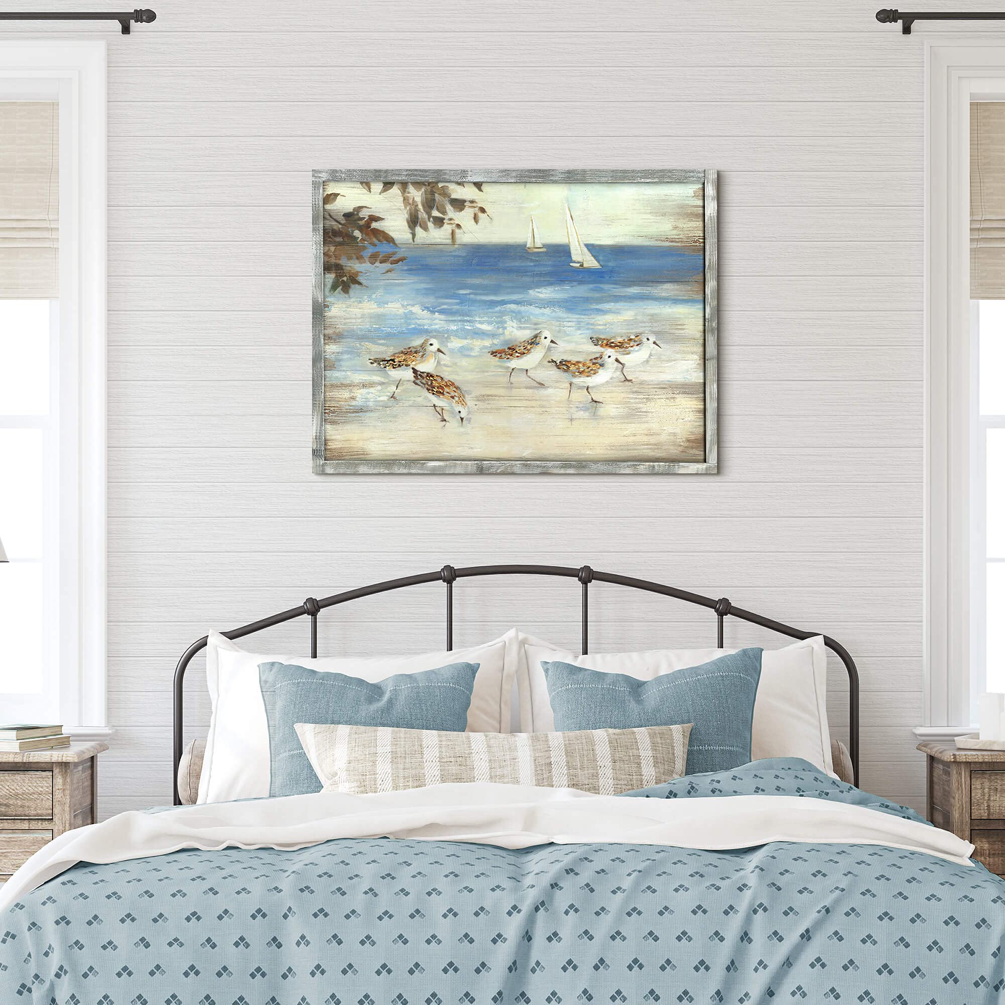 Coastal Framed Wooden Wall Art: Abstract Beach Oil Painting Style Sea Bird Pictures Ocean Prints Peaceful Seascape Artwork For H