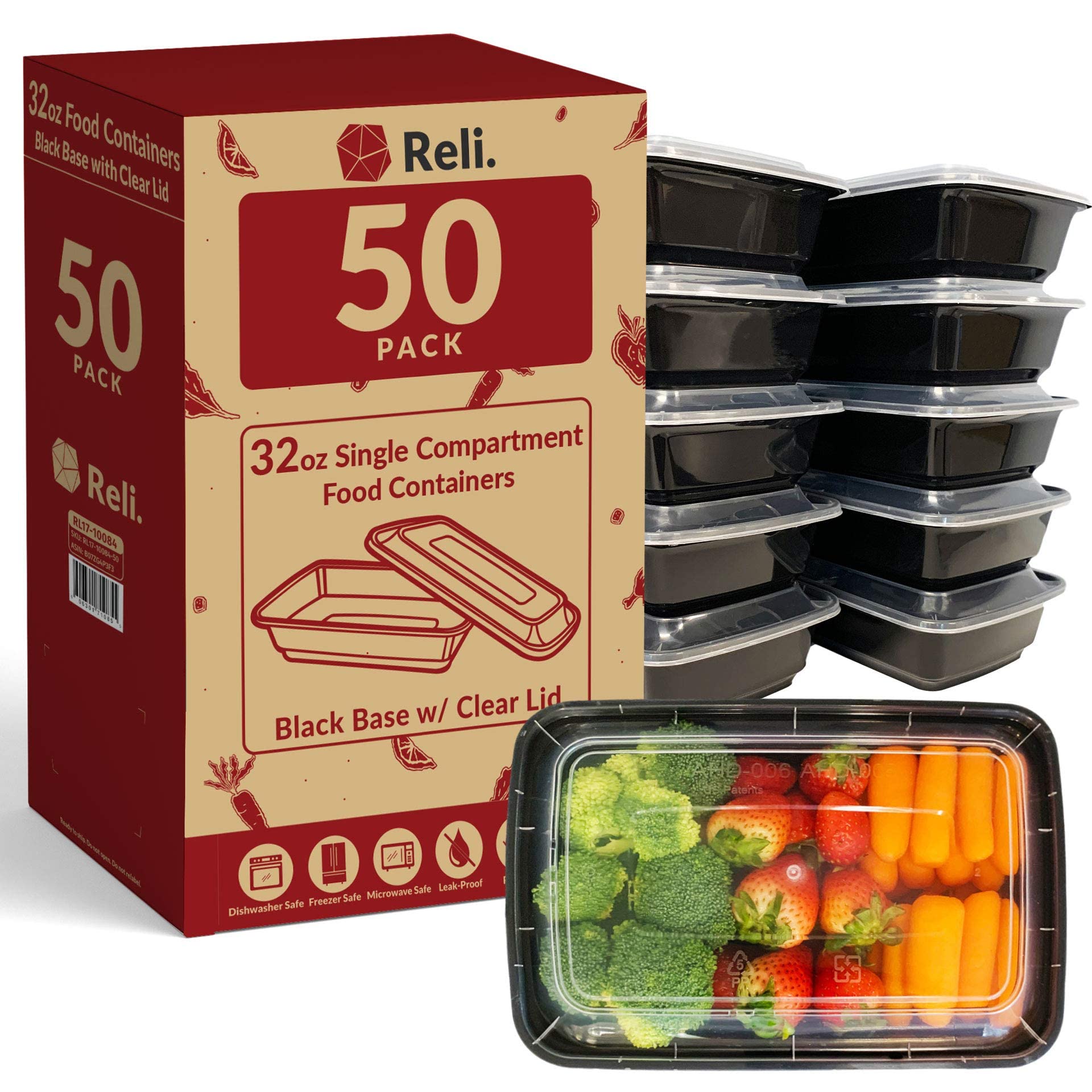 Reli. Meal Prep Containers (50 Pack, 32 Oz.) | 1 Compartment Food Containers With Lids | Microwavable Freezer Dishwasher Safe -