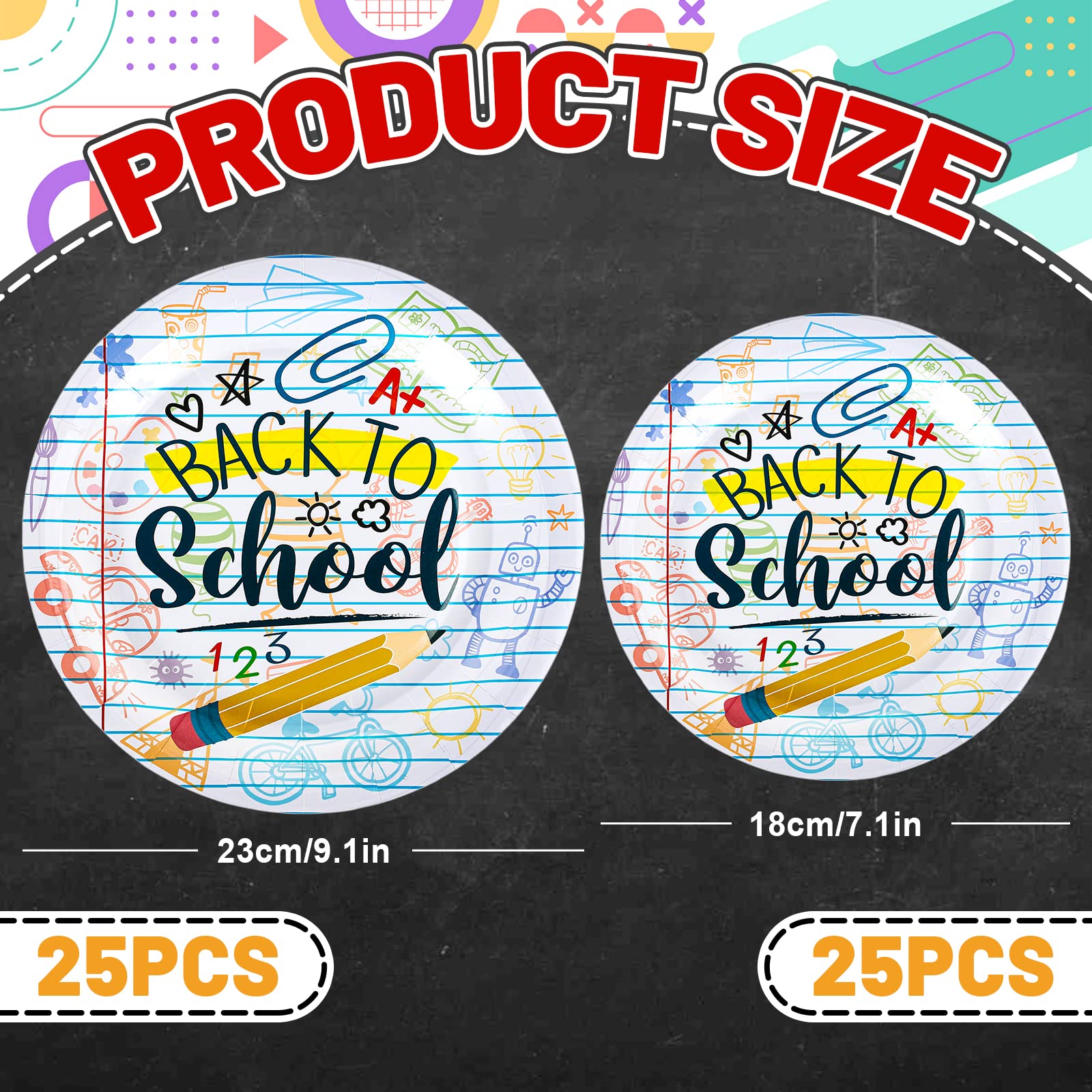 Whaline 50Pcs Back To School Paper Plates School Season Round Disposable Plates 9Inch & 7Inch Homework Pencil Prints Decorative