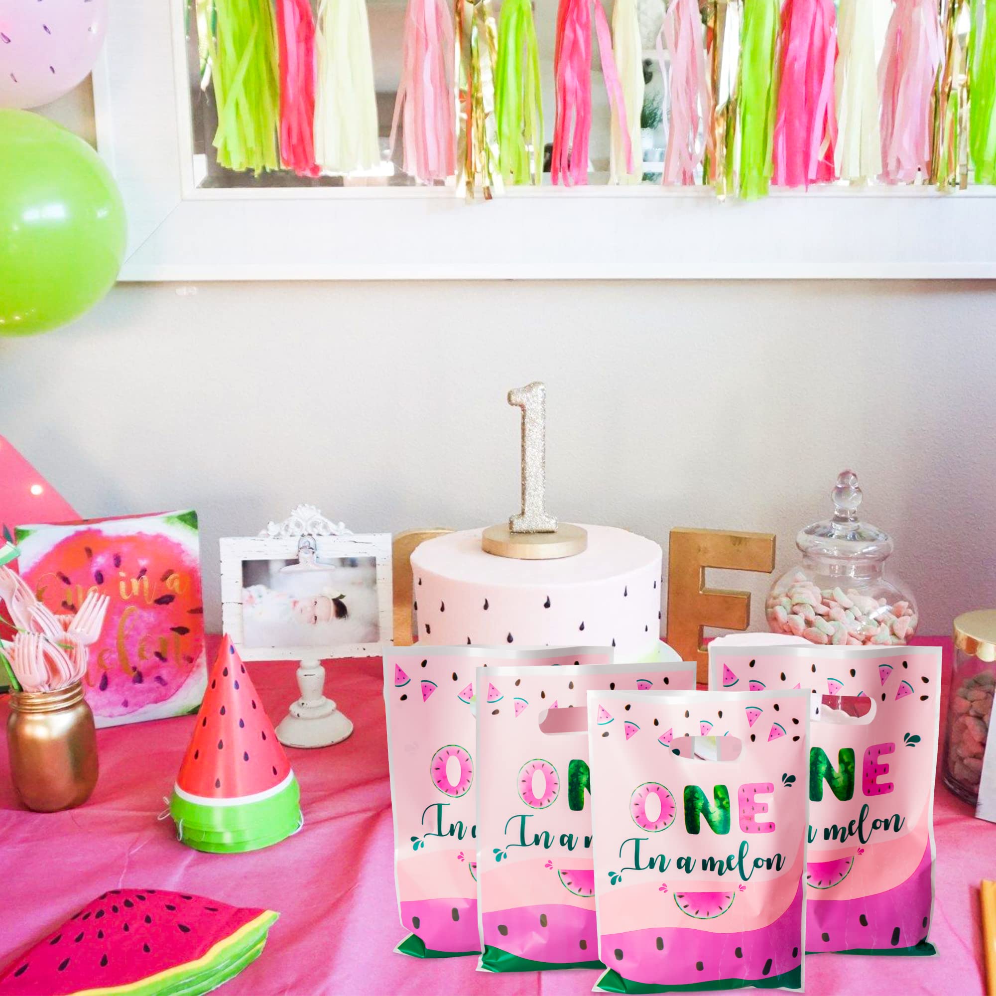 3Sscha 50Pcs One In A Melon Party Favor Bag Watermelon Themed Waterproof Goodie Bag With Die Cut Handles Summer Glossy Plastic C