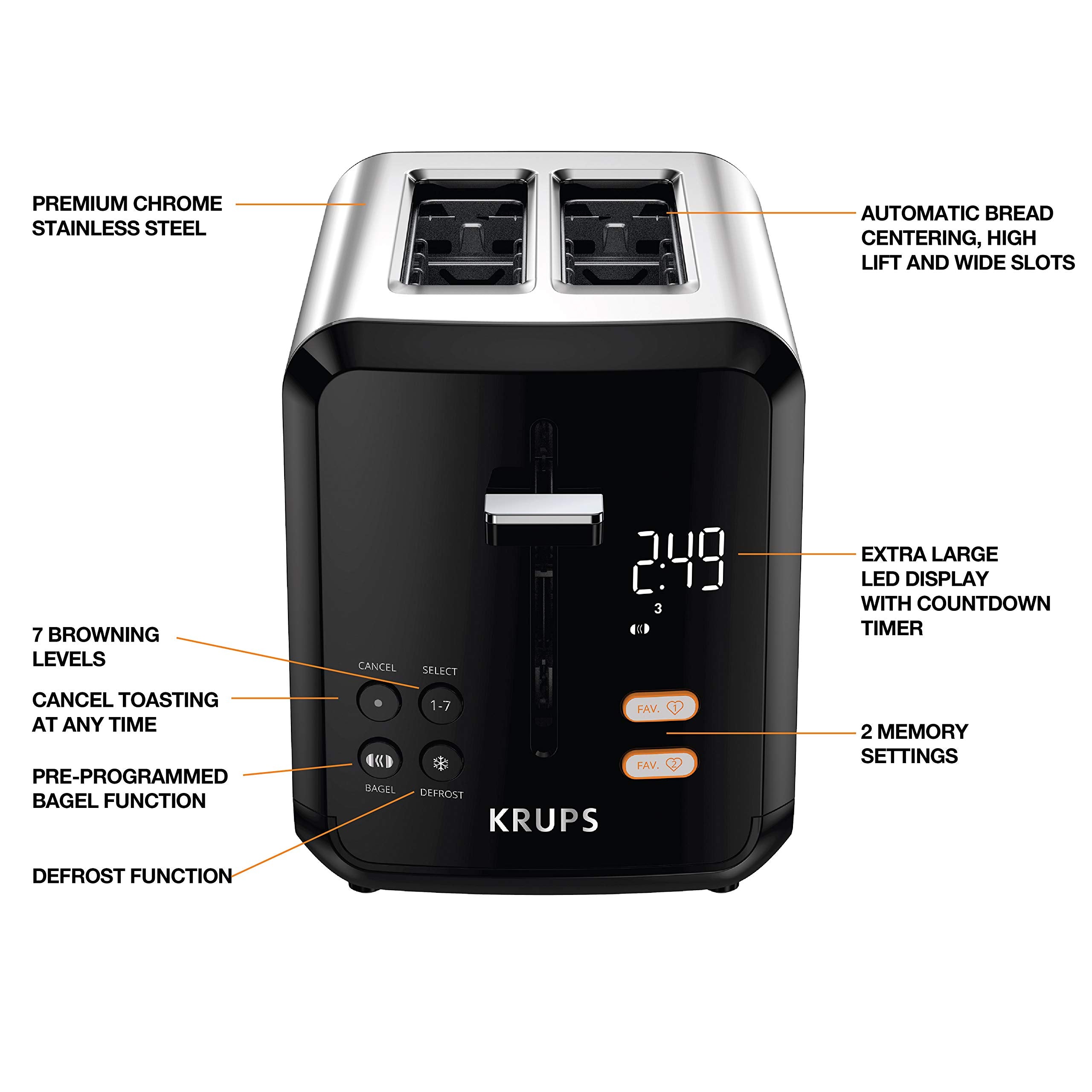 KRUPS My Memory Digital Stainless Steel Toaster, 7 Browning Levels, Black, Model 10942226871