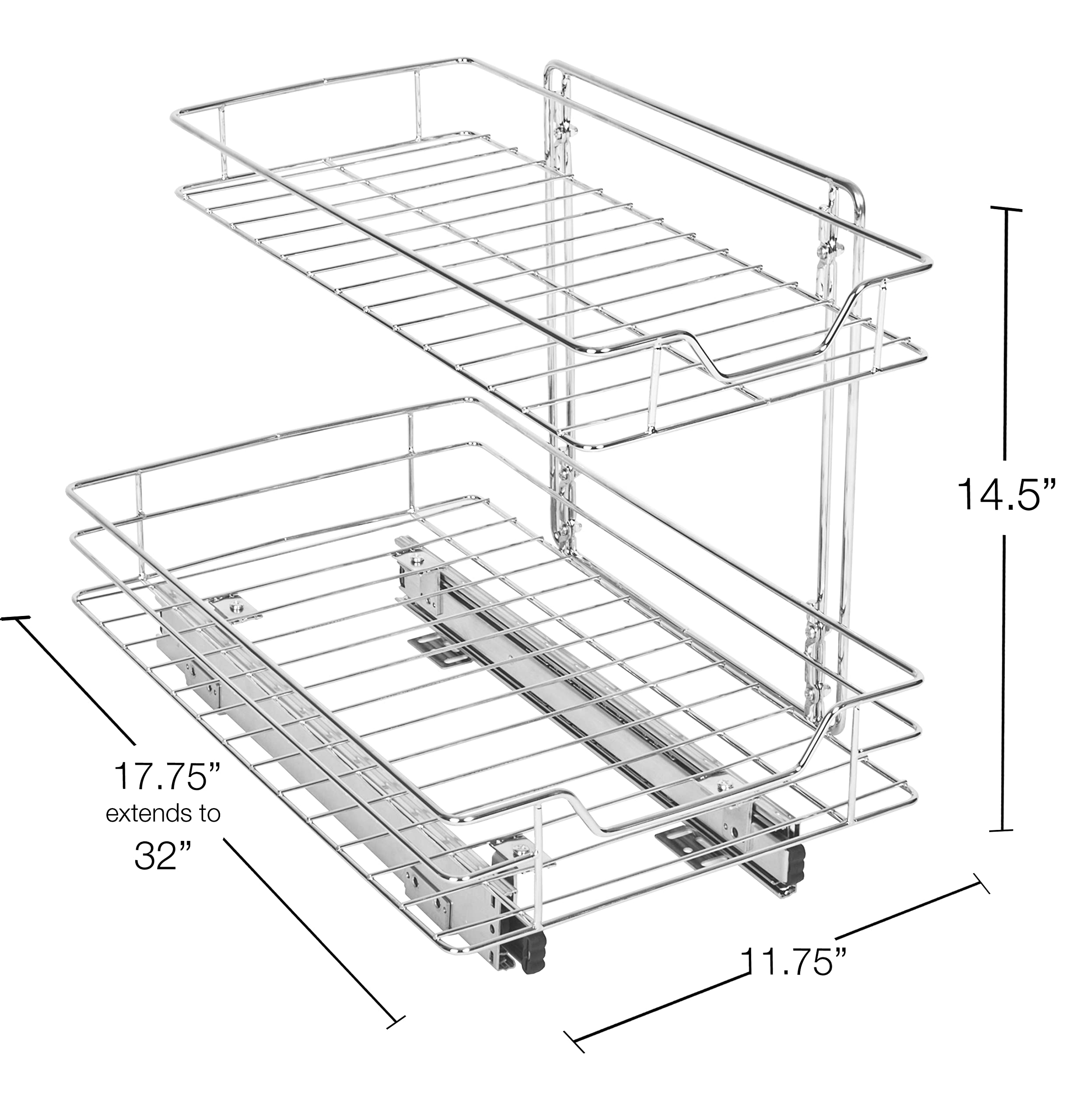 Smart Design Pull-Out Cabinet Organizer - 2-Tier Chrome, Small Top, Medium Bottom - Steel Sliding Cabinet Organizer Holds Up To