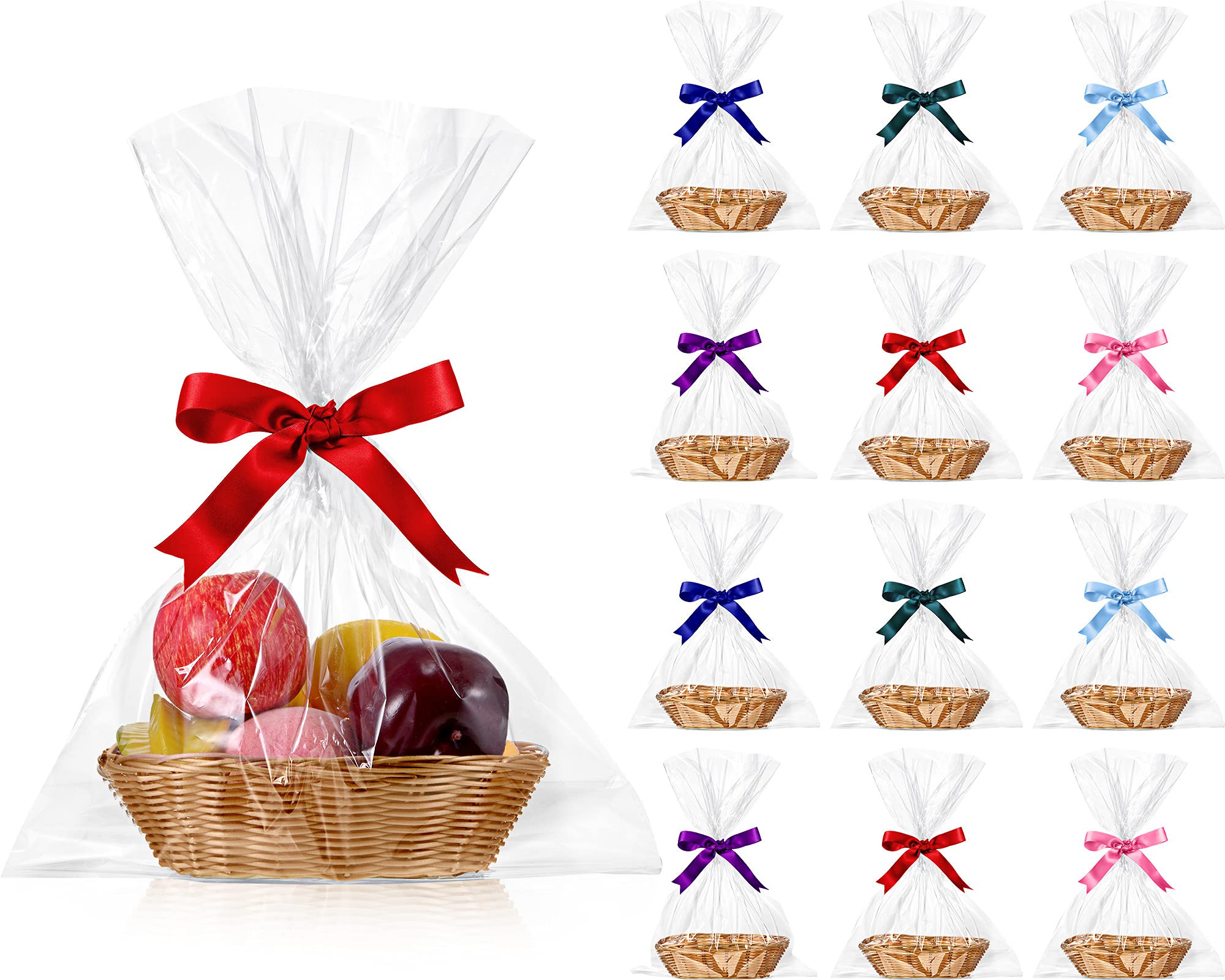 12 Pieces Oval Basket Food Storage Basket Woven Empty Basket Fruit Basket Gift Baskets With 6 Rolls Colorful Ribbons And 30 Clea