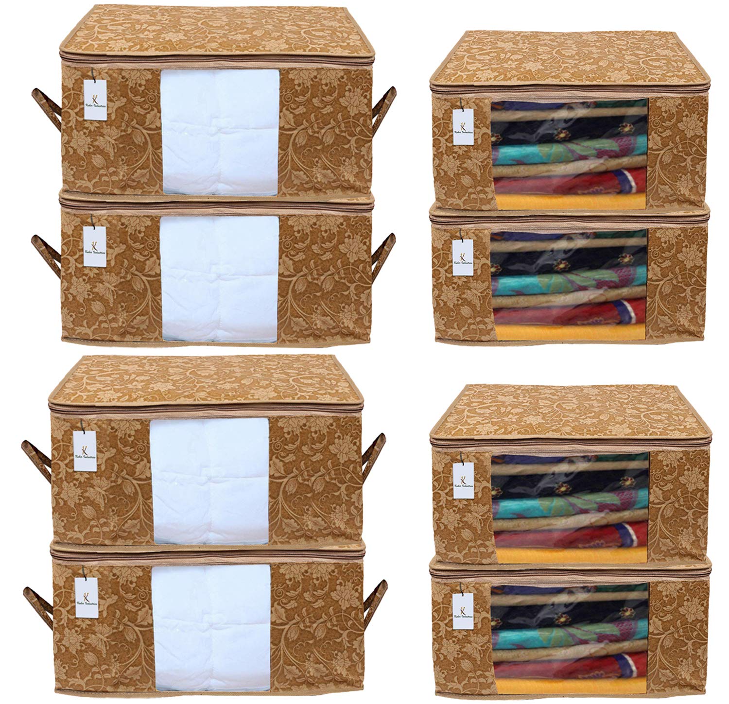 Kuber Industries Metallic Printed Non Woven 4 Pieces Saree Cover And 4 Pieces Underbed Storage Bag, Cloth Organizer For Storage,