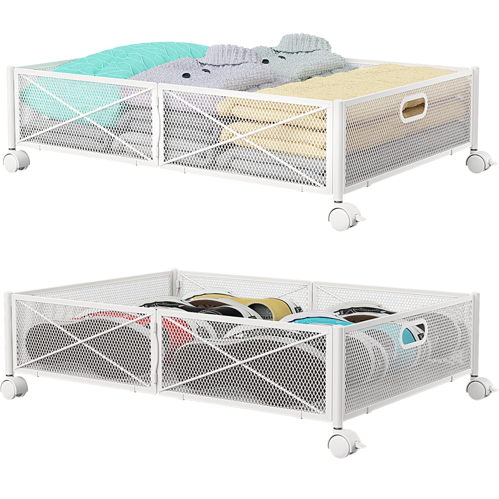 PHINOX Under Bed Storage with wheels, Under the Bed Storage Containers,Upgrade Crossed Iron Wire, Metal Rolling Underbed Storage