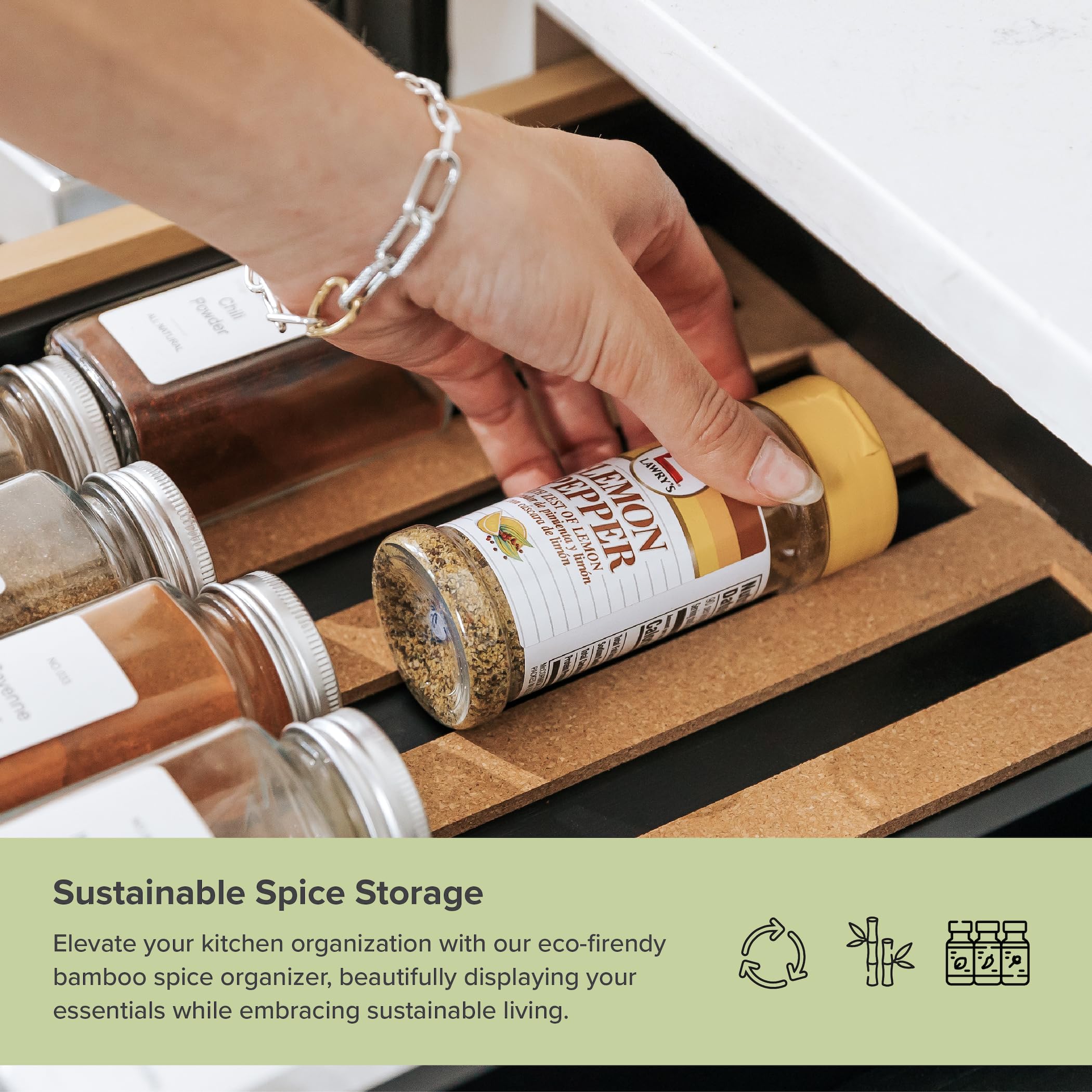 Kitchenedge Spice Drawer Organizer With Expandable Storage. Holds Up To 15 Spice Jars (Not Included), Non-Slip Feet, Kitchen Acc