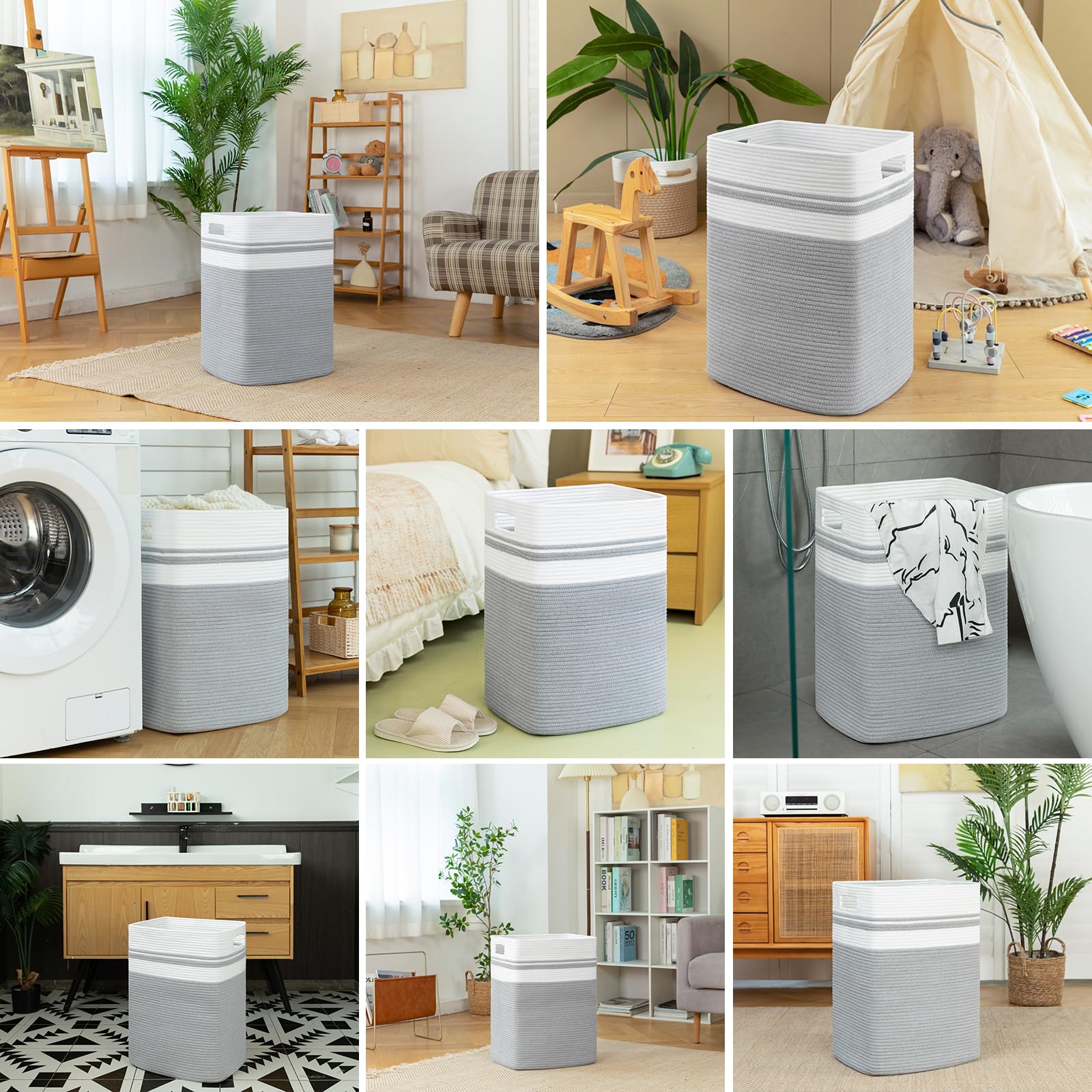 OIAHOMY 91L Laundry Hamper  XXXLarge Laundry Basket  Collapsible Cotton Rope Basket Woven Storage Basket for Blankets Clothes Pillows-16x15x24-Grey