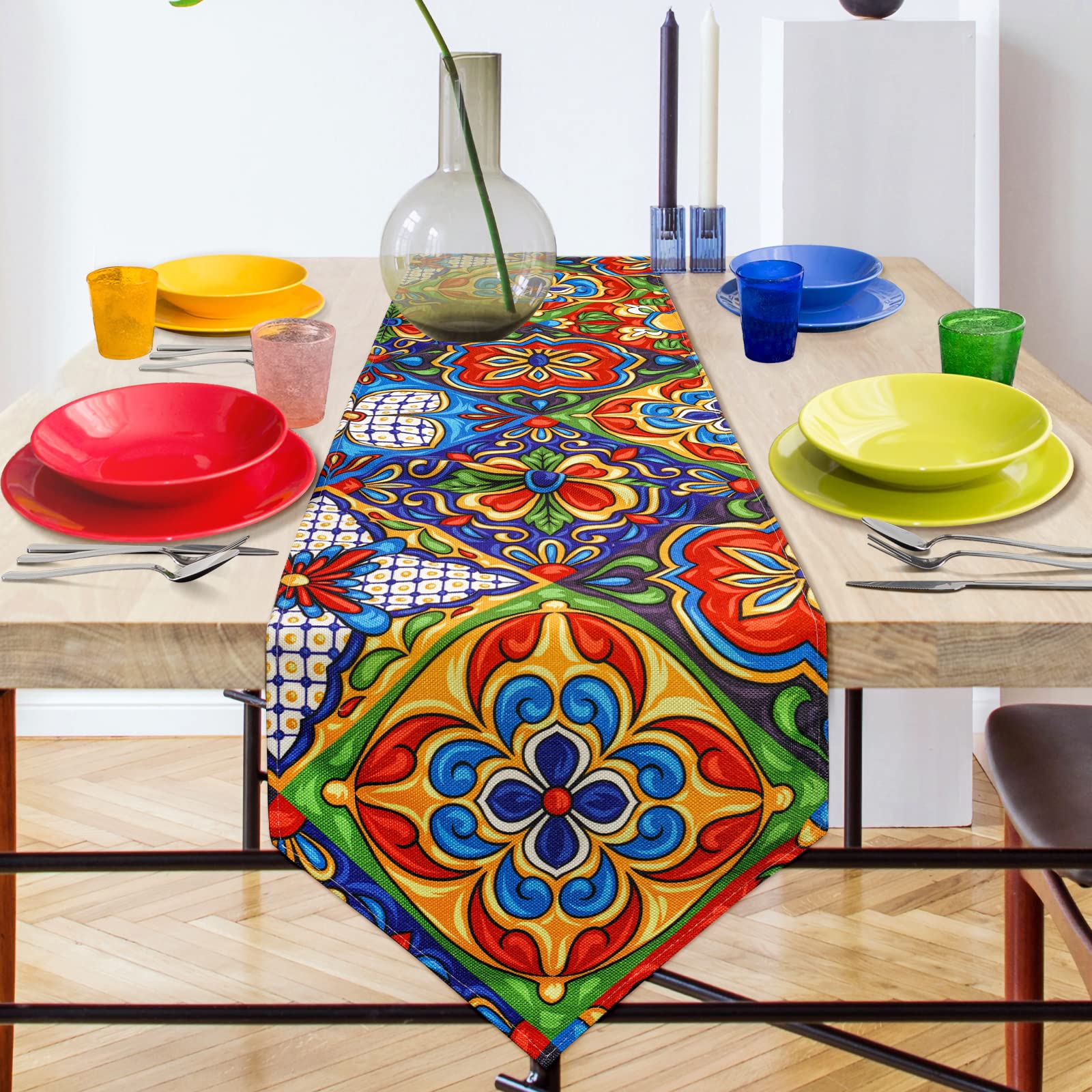 Mexican Talavera Ceramic Tile Pattern Linen Table Runners Dinner Table Setting Dresser Scarves Farmhouse Style For Party Holiday