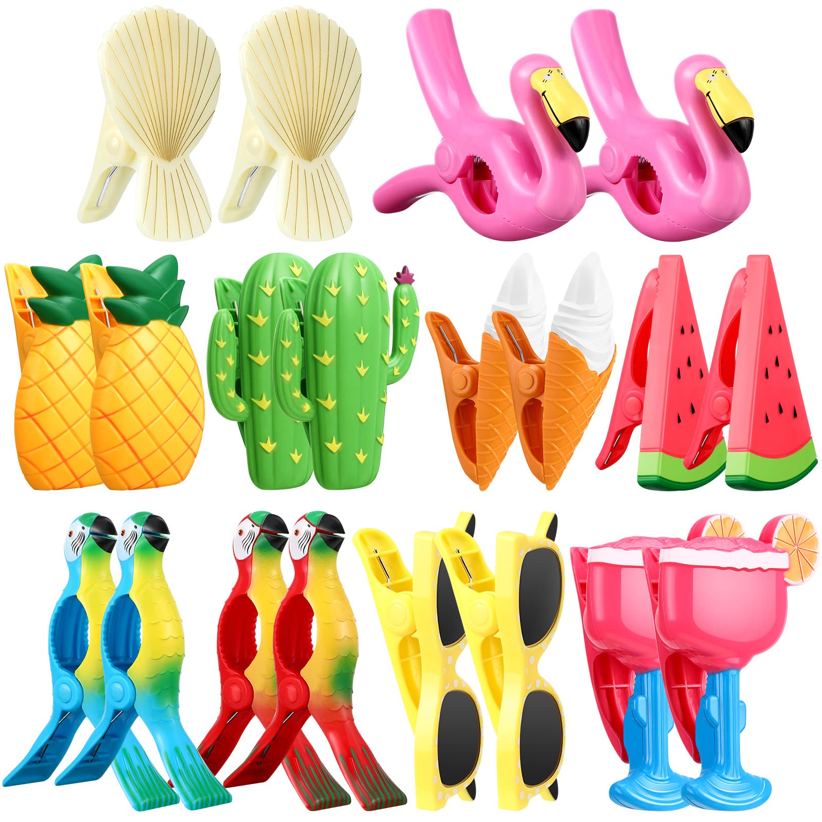 20 Pcs Beach Towel Clips Plastic Beach Chair Clips Flamingo Parrot Watermelon Pineapple Ice Cream Portable Swimming Pool Towel H