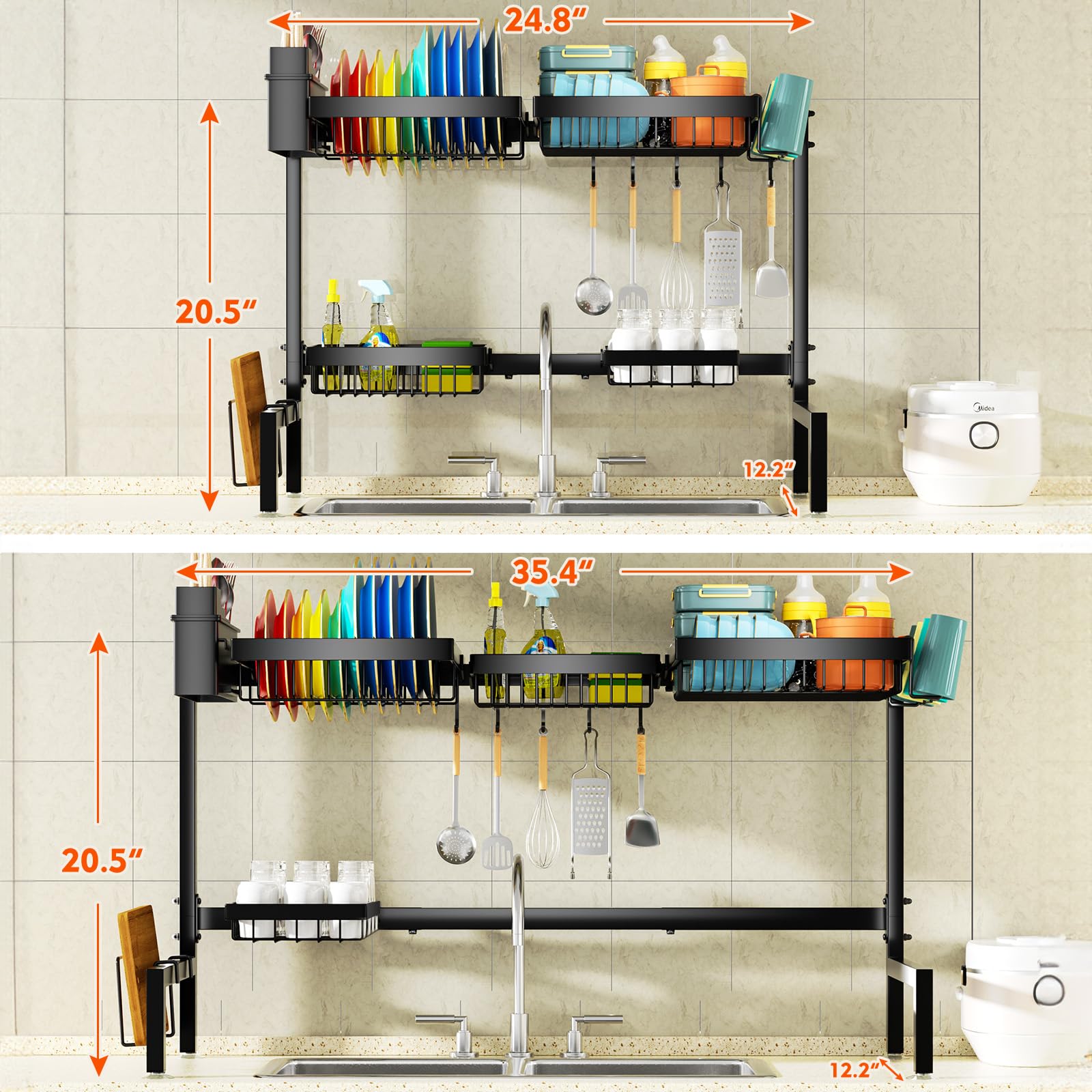 YKLSLH Over The Sink Dish Drying Rack, 2 Tiers 4 Baskets, Extendable Metal Rack, Black, Fits Sinks 24.8"-35.4"
