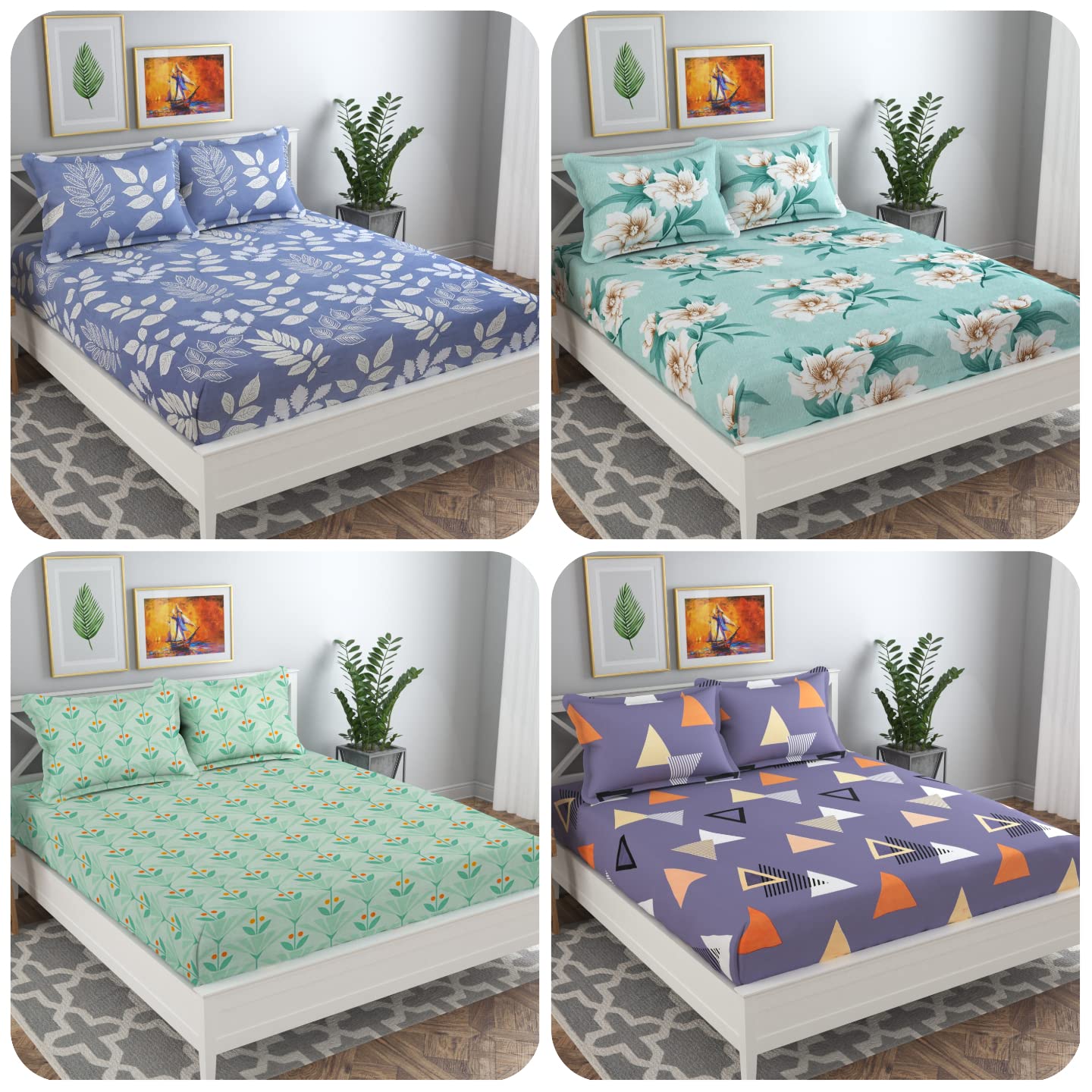 Vas Collections Double Bedsheet Combo (Pack Of 4) | Soft Brushed Glace Cotton 160 Tc  Set Of 4 Bedsheet With 8 Pillow Cover  B