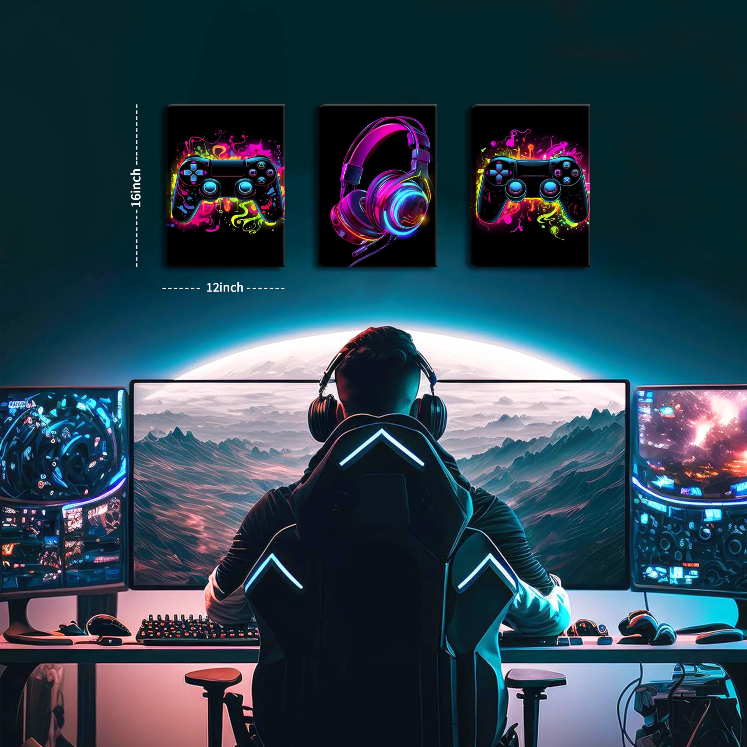 Bgfce Game Room Decor Set Of 3, Neon Gaming Video Game Room Wall Art, Gaming Canvas Paintings Posters Prints For Teen Boys Room