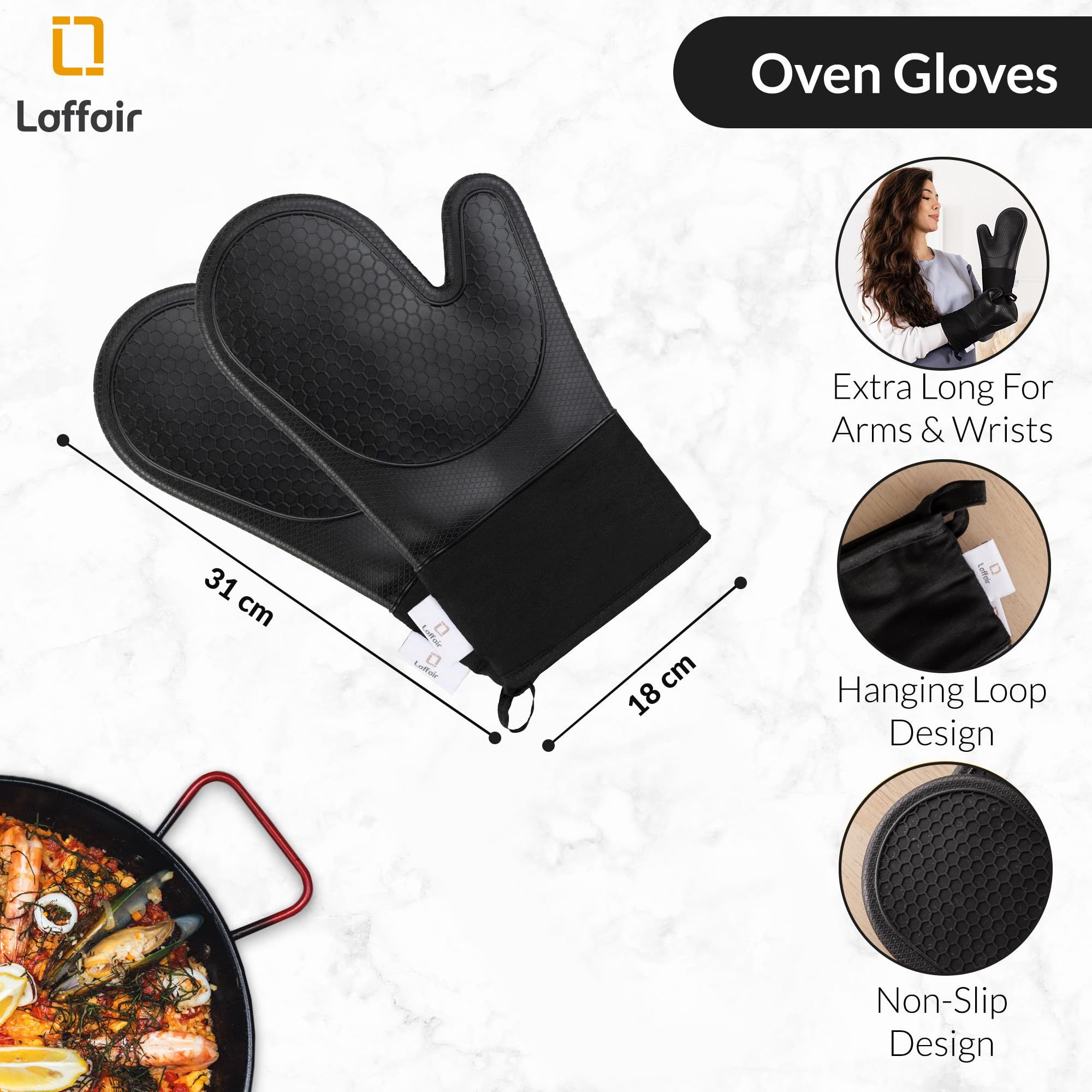 Silicone Oven Gloves Heat Resistant By Laffair - Black Oven Gloves Silicone Oven Mitts Heat Resistant - Premium Non-Slip Design