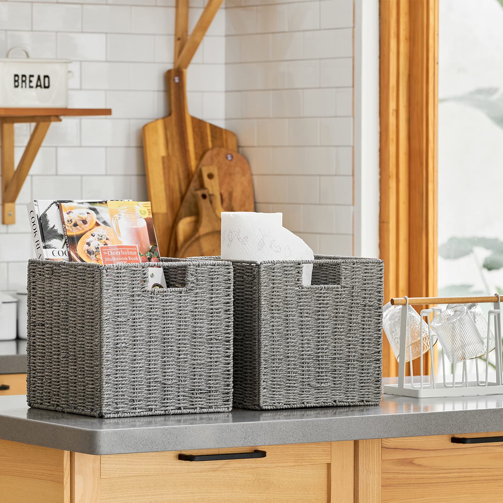 Vagusicc Wicker Storage Baskets, Set Of 2 Hand-Woven Storage Baskets For Shelves With Handles, Foldable Cube Storage Baskets Bin