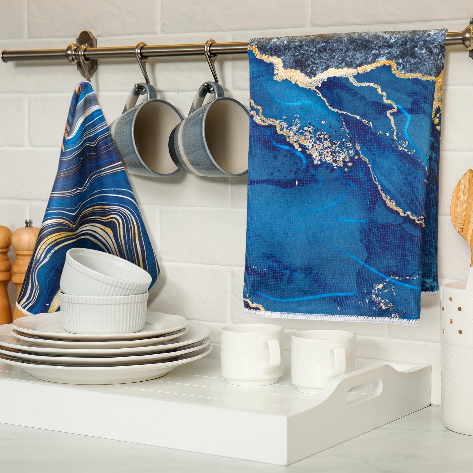 Boyiee Set of 6 Marble Kitchen Towels Blue Gold Hand Modern Absorbent Soft Decorative Dish Tea Towels 24 x 16 Inches Kitchen Gif