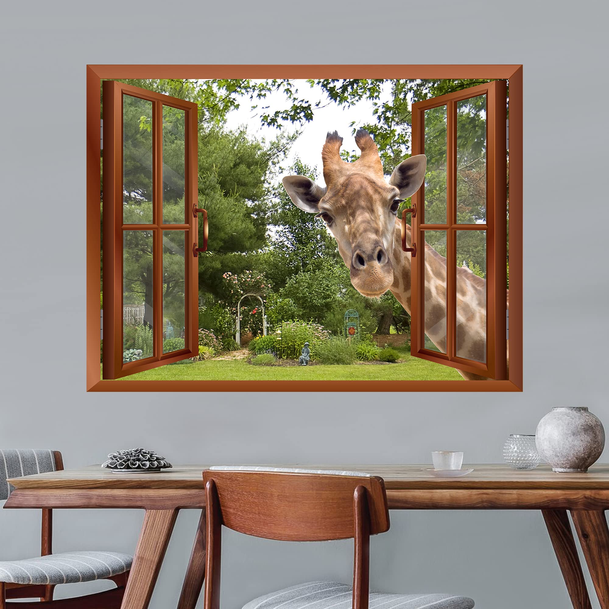 Wall26 - A Curious Giraffe Sticking Its Head Into An Open Window Removable Wall Sticker/Wall Mural - 24''X32''