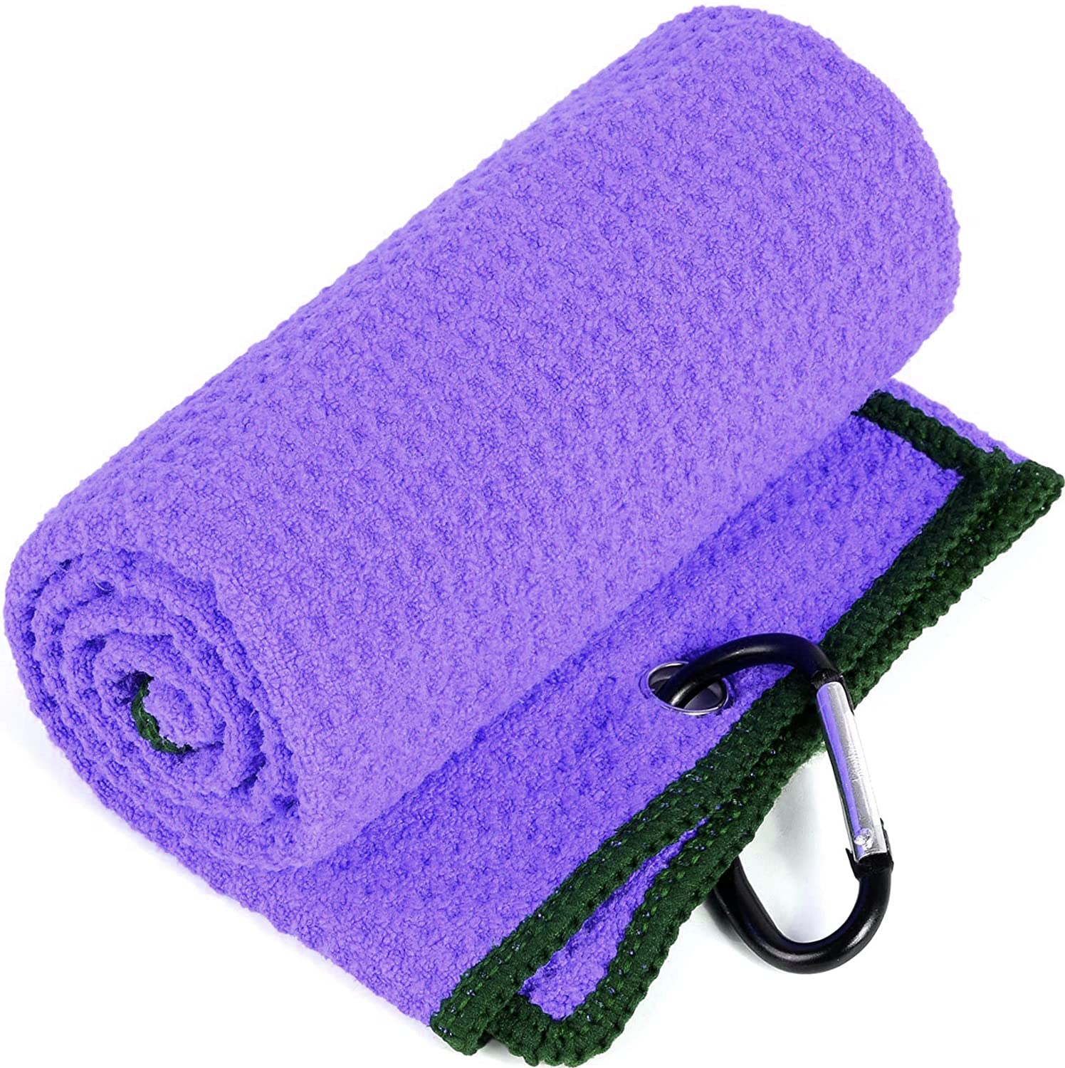 Vividly 2 Pack Tri-Fold Golf Towels, Premium Microfiber Fabric Waffle Pattern With Black Heavy Duty Carabiner Clip, Purple Golf