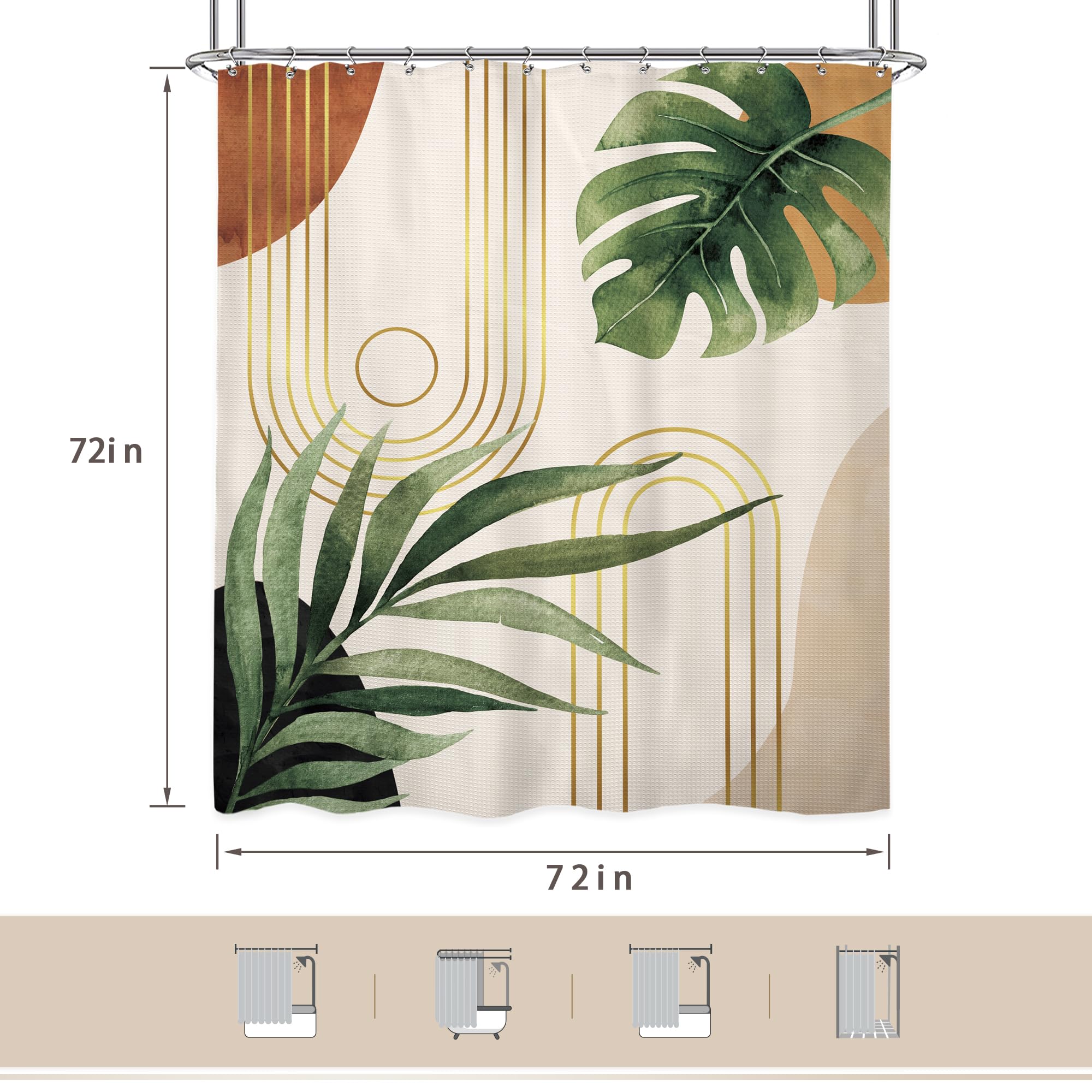 Glawry Waffle Boho Green Shower Curtain Thick Weighted Heavy Duty Abstract Mid Century Tropical Palm Leaf Modern Bathroom 72Wx72