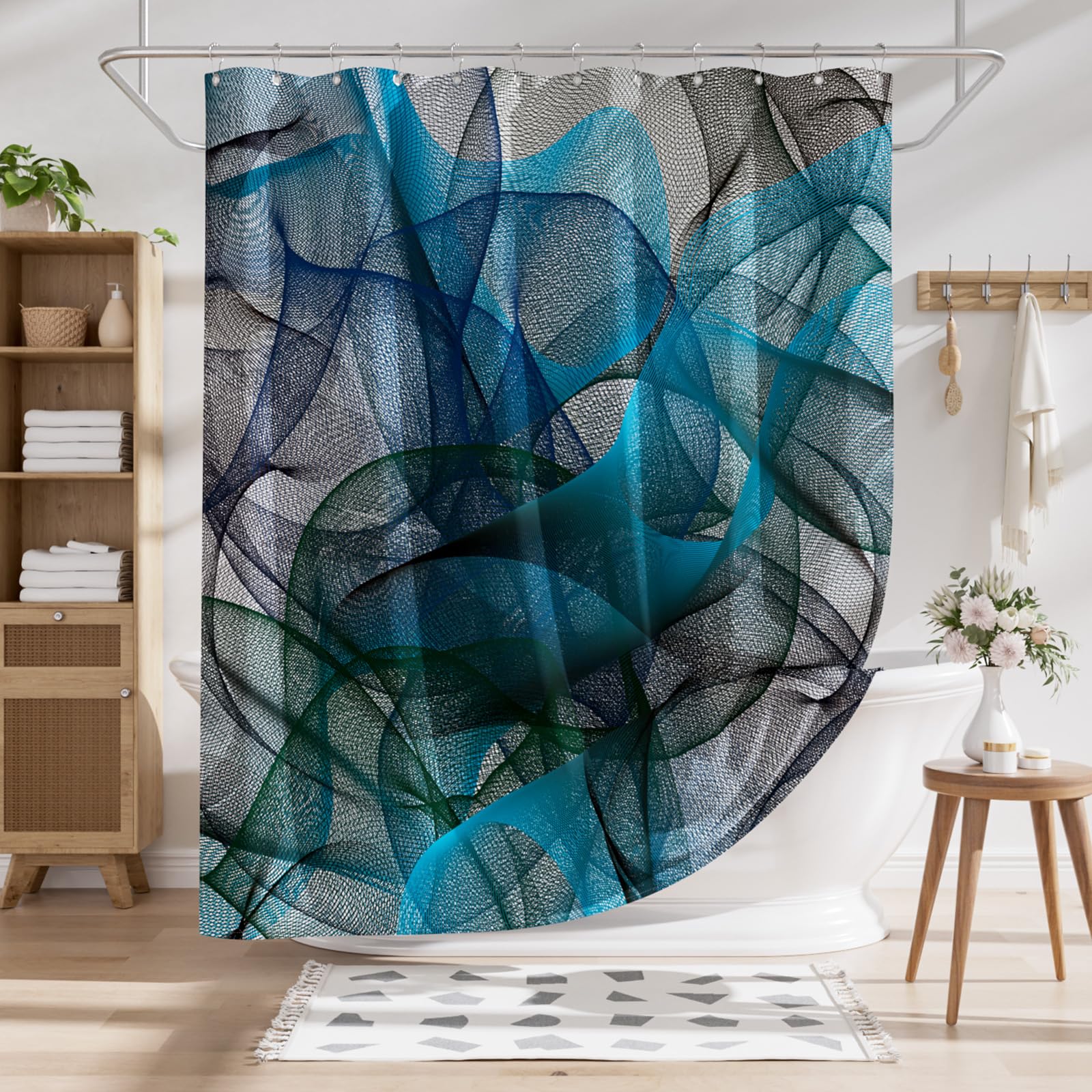 AmazerBath Shower Curtain Blue  Abstract Black Striped Cloth Shower Curtain Sets with 12 Shower Curtain Hooks  Luxury Rustic Fabric Washable Shower Curtain for Bathroom Home Decor  72x72 Inches