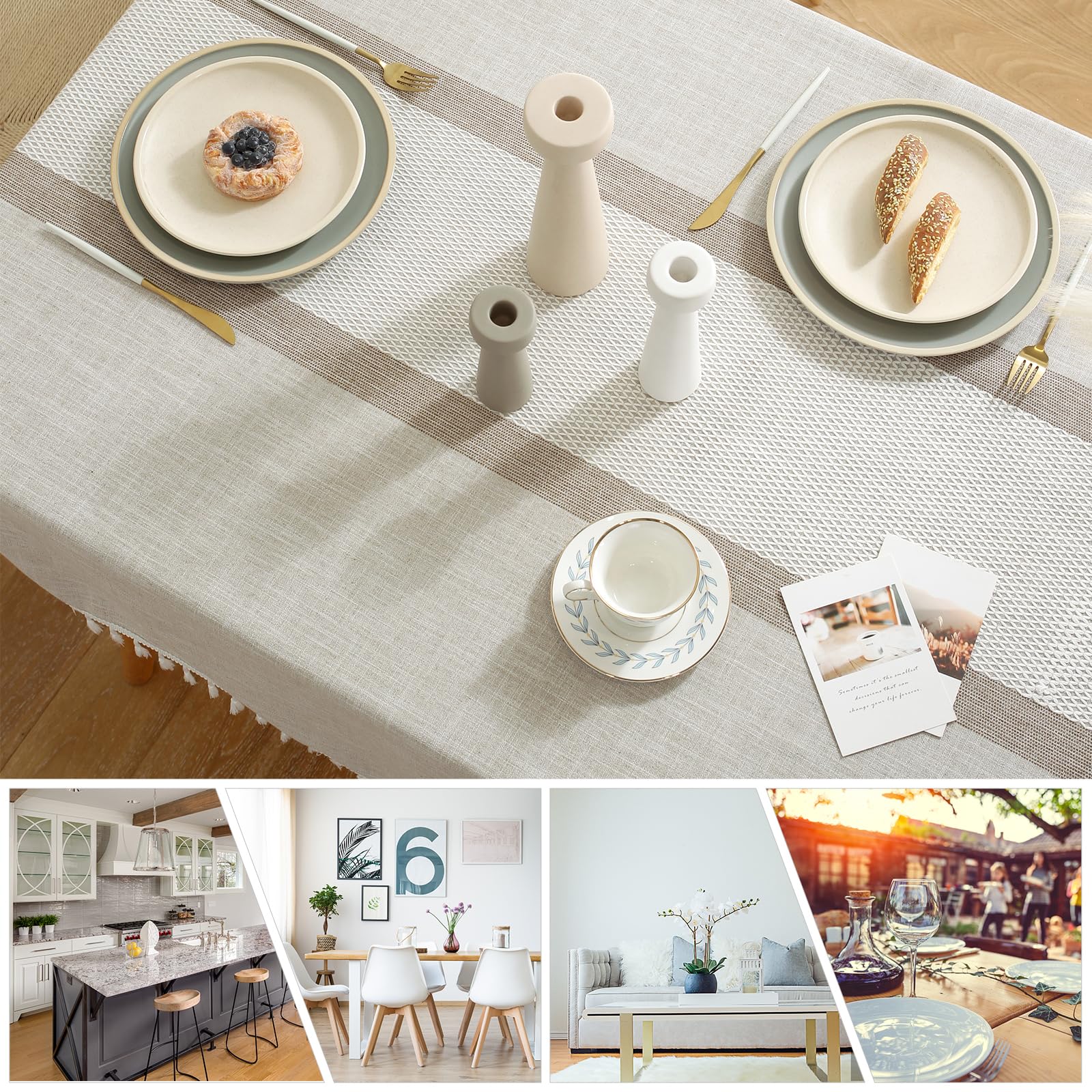 Deep Dream Tablecloth  Embroidered Table Cloth Cotton Linen Wrinkle Free Tablecloths Washable Dust-Proof Table Cover for Kitchen Dinning Party (Square  55 x 102 Inch  Beige)