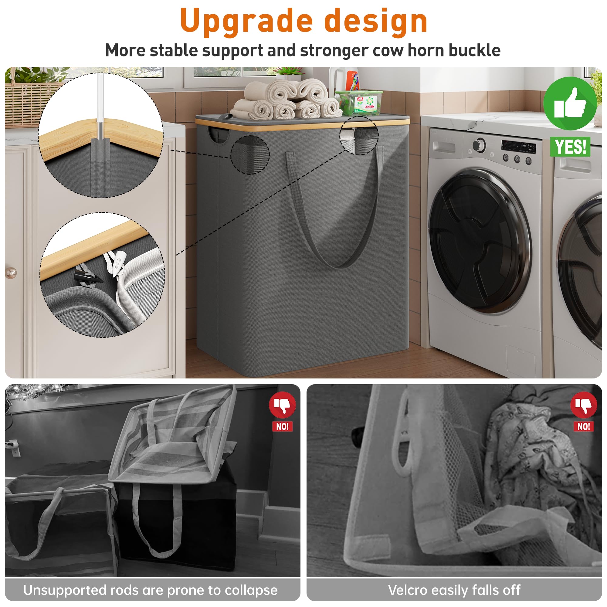 Raybee Laundry Basket With Lid, 170L Laundry Hamper With Lid, Dirty Laundry Hamper 3 Section Divided Laundry Basket Organizer Fo