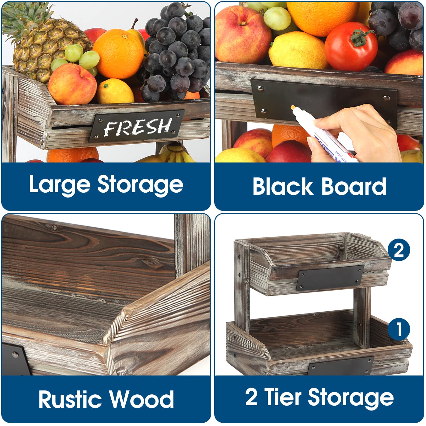 Jackcube Design 2 Tier Fruit Basket Holder, Rustic Wood Fruit Bowl Stand Kitchen Counter Storage With Chalkboard For Bread, Snac