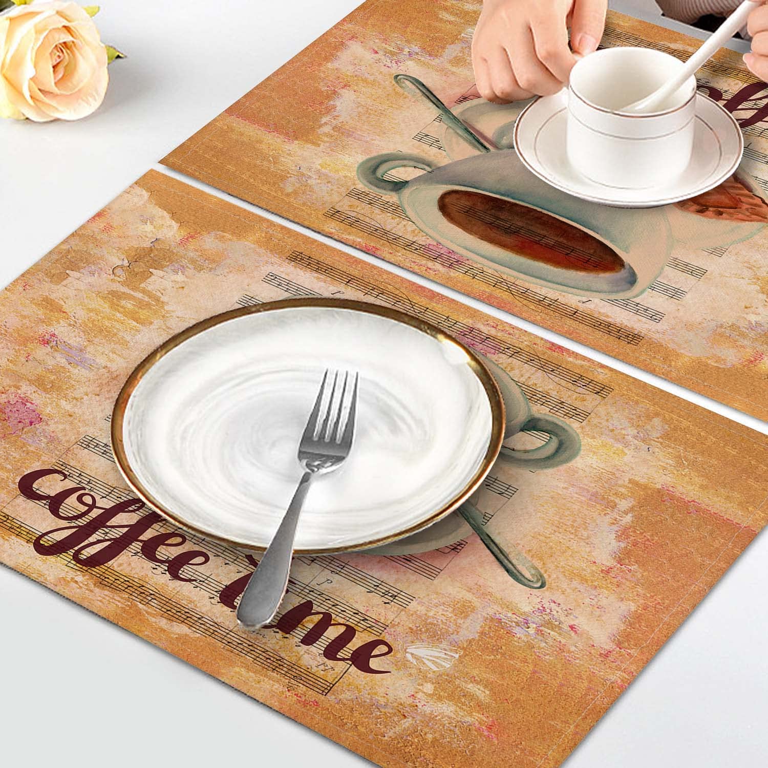 Cloth Placemats Set Of 4,Coffee Theme Coffee Time Linen Table Mats,Heat Resistant Woven Placemats Non-Slip Dining Table Place Ma