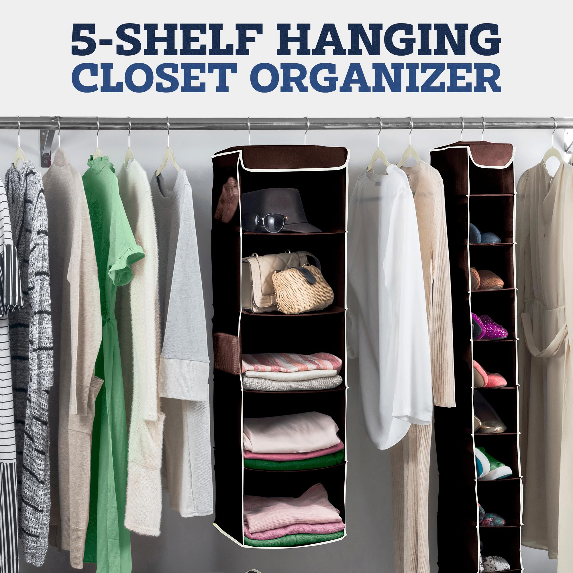 Zober Hanging Closet Organizer, 5-Shelf - Hanging Storage Organizer Shelves For Clothes, Towels, Toys - College Dorm Room, Nurse