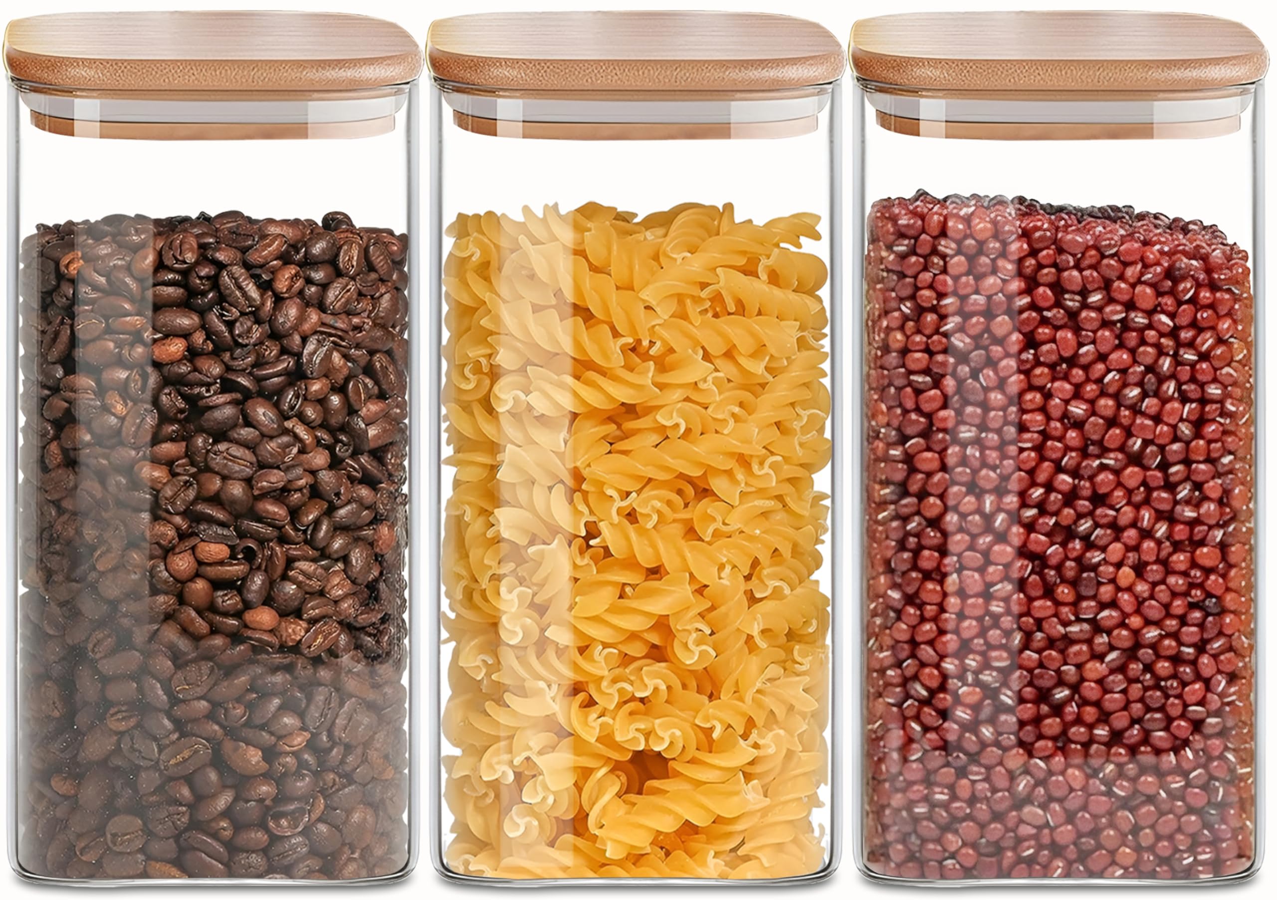 VIEWELLD 50oz Square Glass Storage Containers with Lids, Clear Food Storage Container Jar with Sealing Bamboo Lid for Noodles Fl
