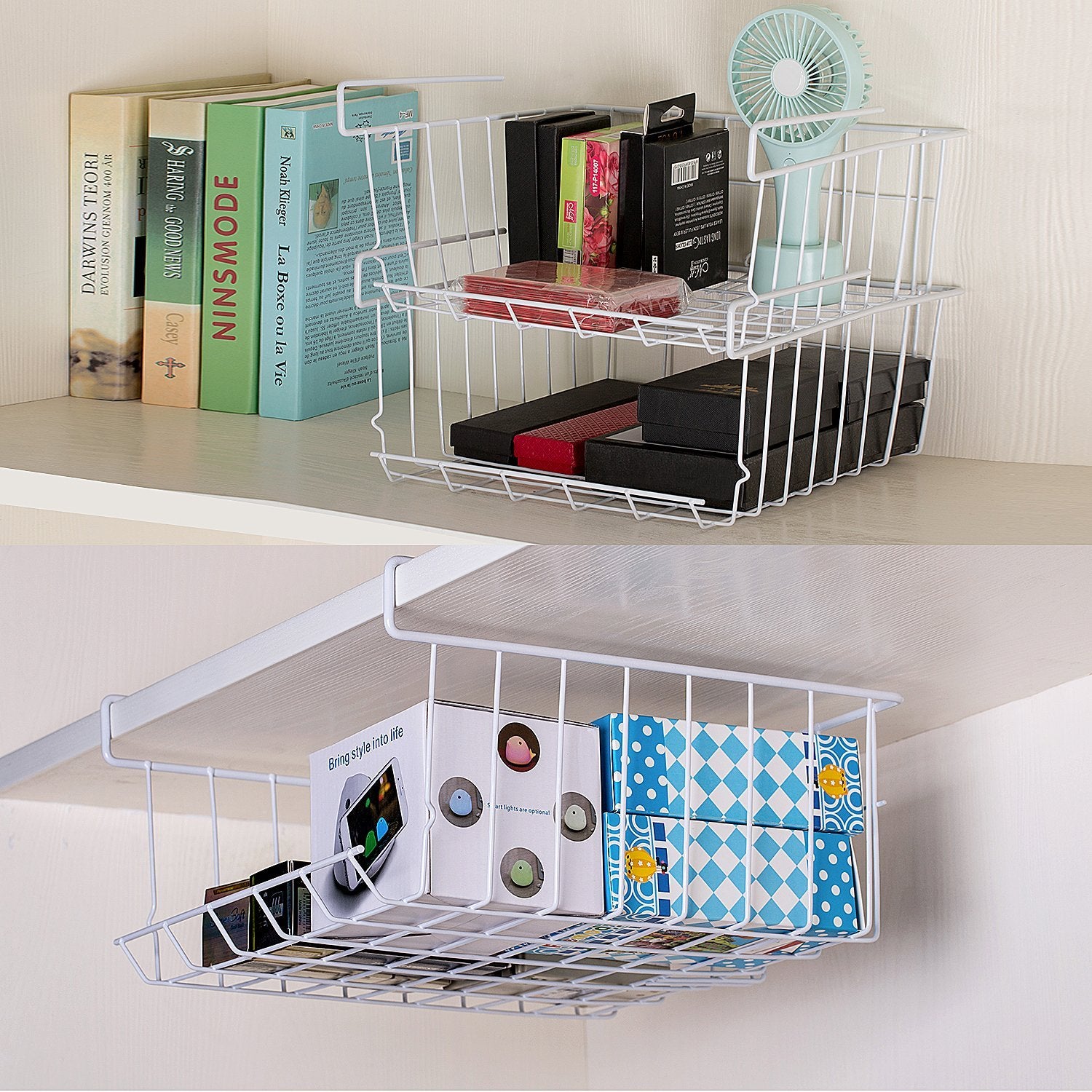 ASTOTSELL Under Shelf Storage Basket  2-Pack Under Shelf Hanging Metal Wire Storage Basket Organizer for Kitchen  Office  Pantry  Bathroom  Cabinet  White