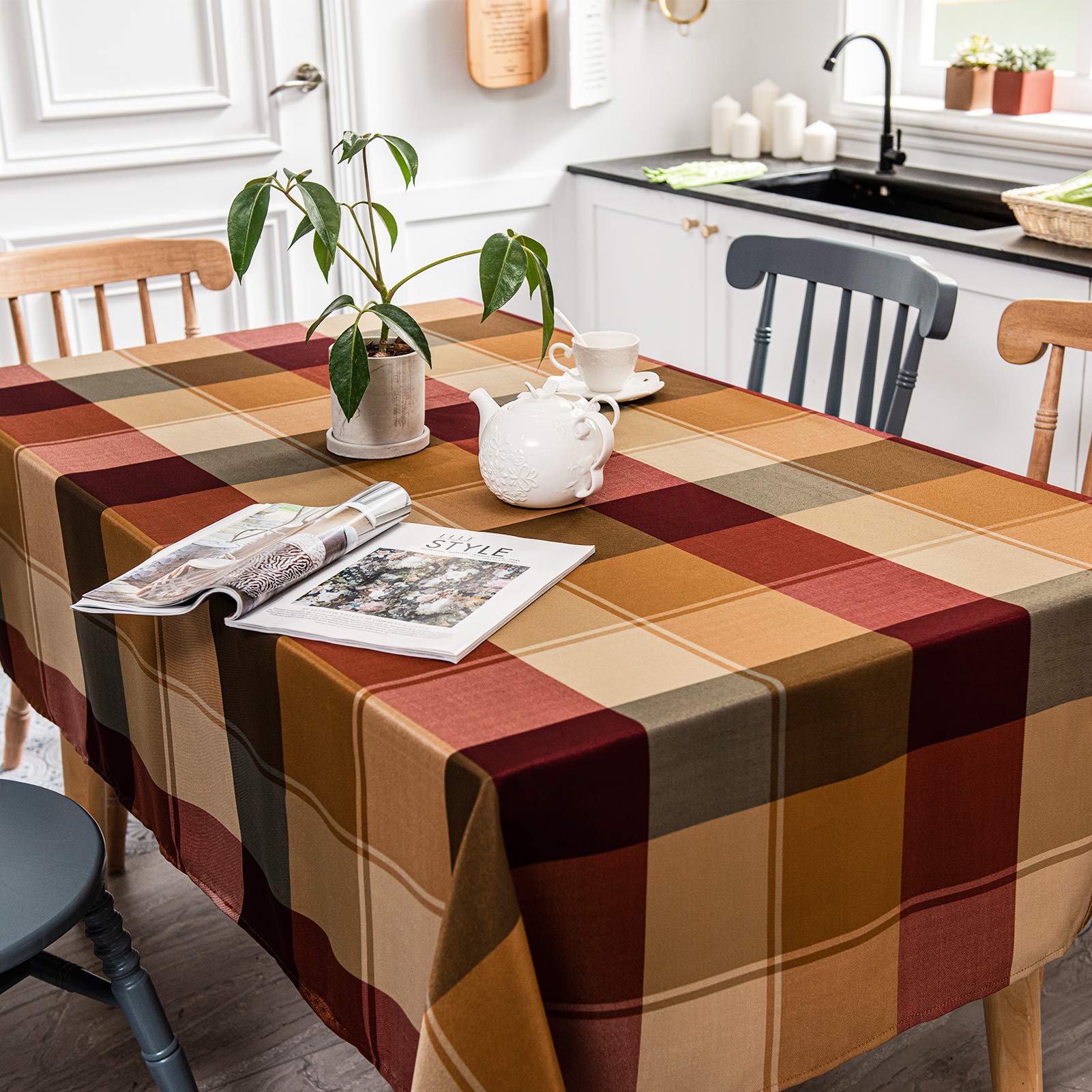 Melodieux Plaid Tablecloth Rectangle Cotton Linen Textured Holiday Table Cover Spillproof Water Wrinkle Resistant Vintage Tabletop Decoration Kitchen Dining Room  60'' x 102''  Red Checkered