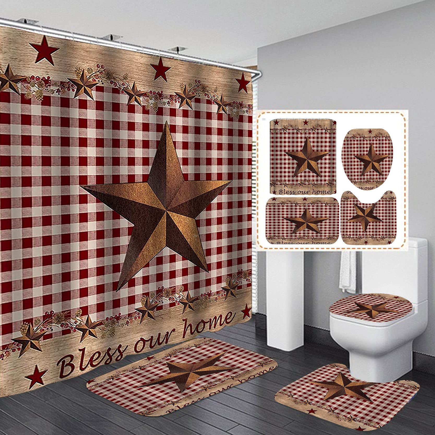 Camille&Andrew 4Pcs/Set Vintage Brown Western Texas Star Shower Curtain, Primitive Berry Star Red Beige Plaid Rustic Wooden Boar