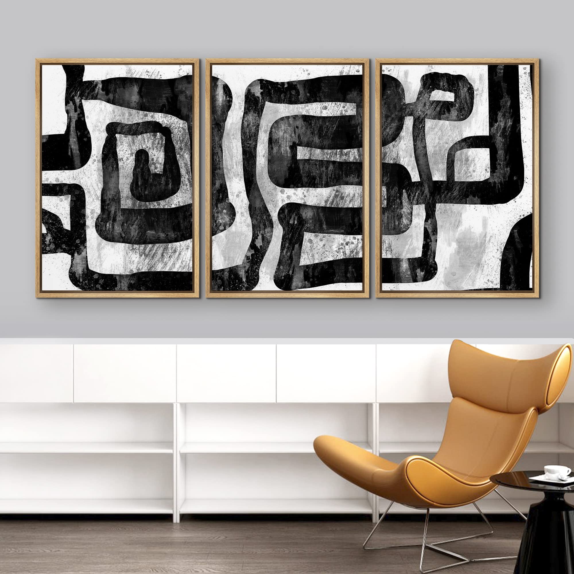 Idea4Wall Framed Wall Art Print Set Faded Grunge Style Line Art Pattern Abstract Shapes Illustrations Modern Art Mid-Century Mod