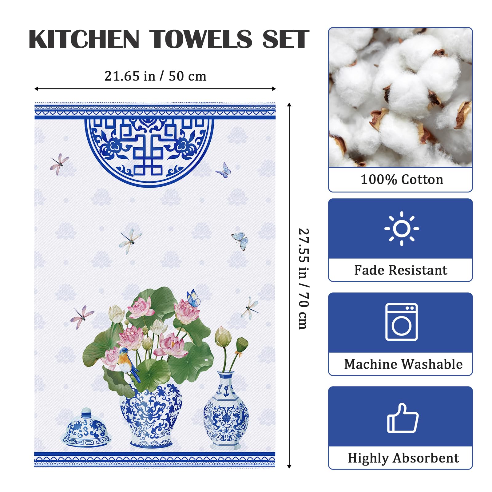 Arquiel Blue And White Porcelain Kitchen Towel 100% Cotton Quick Dry Dish Towels 20 X 27.5Inch, Dishcloth Hand Towels For Housew