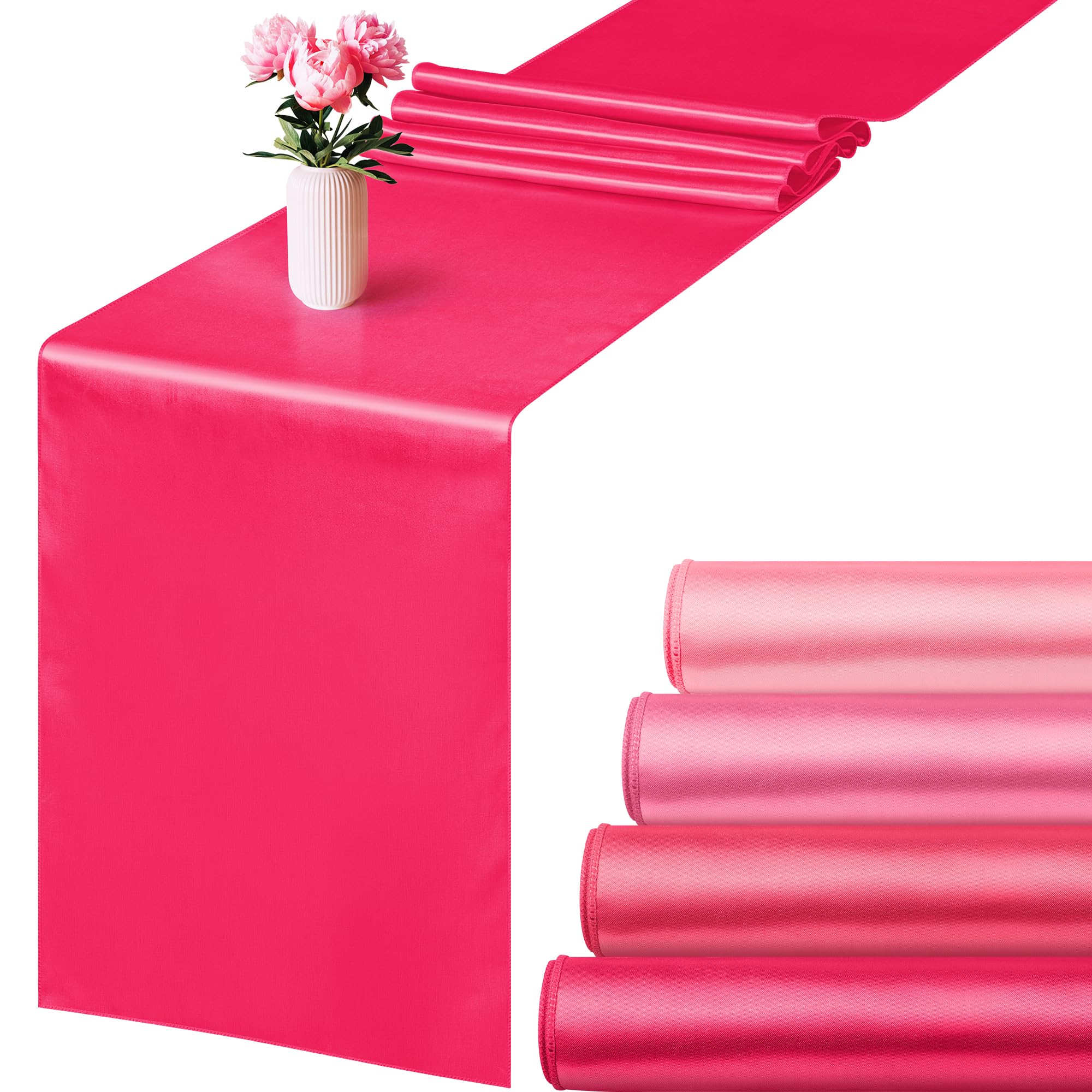 Aneco 4 Pack Satin Table Runner 12 x 108 Inch Gradient Hot Pink Colors Long Wedding Satin Silk Table Runner for Wedding Banquet 