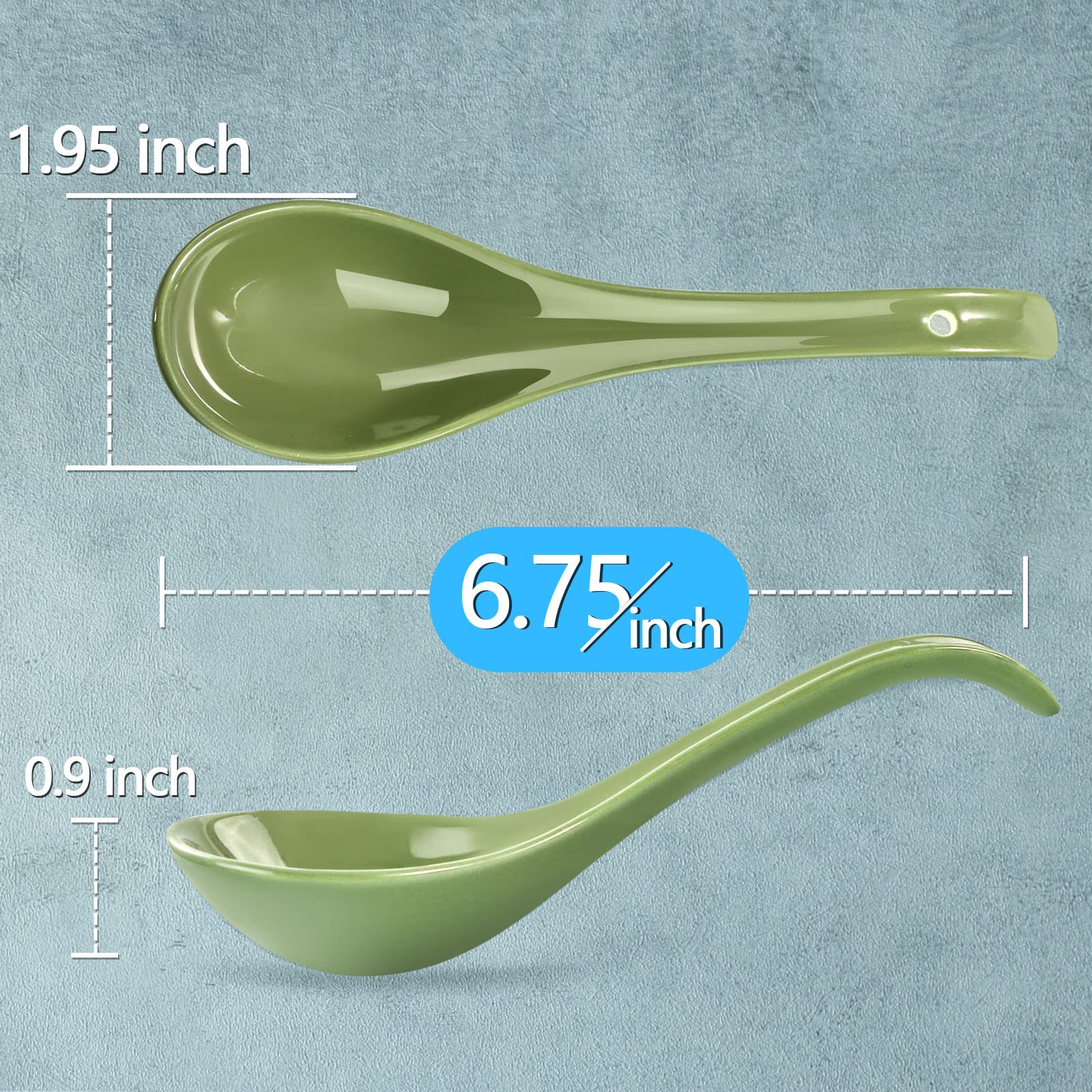 Wareland Asian Soup Spoon Set Of 6, 6.75 Inch Ultra-Fine Ceramic Chinese Soup Spoons, Green Japanese Soup Spoon For Cereal Stews