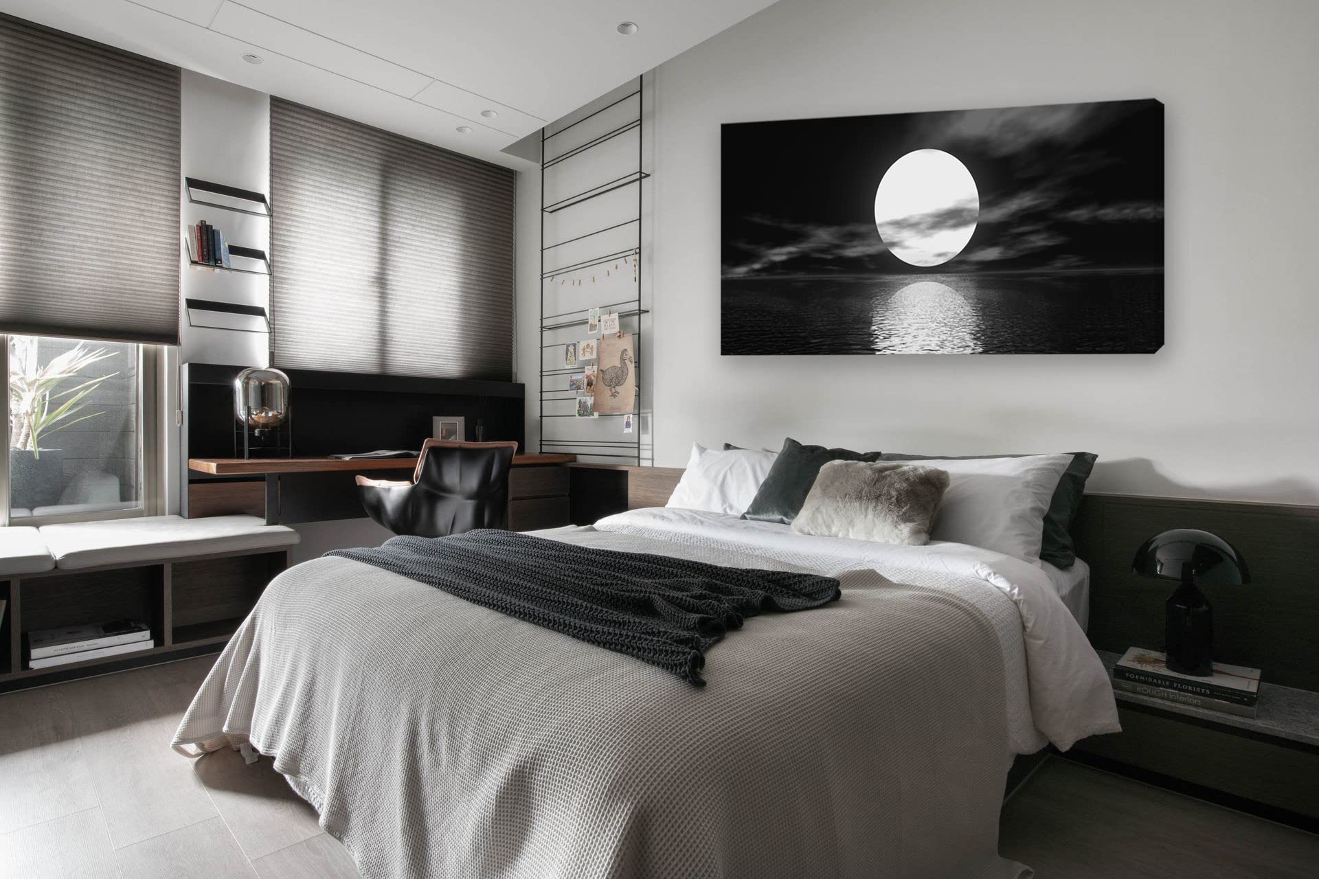 Cao Gen Decor Art S06462 Wall Art Canvas Sea White Full Moon in Night Picture Canvas Poster Print Black and White Ocean for Living Room Bedroom Kitchen Home Decorations Framed Artwork