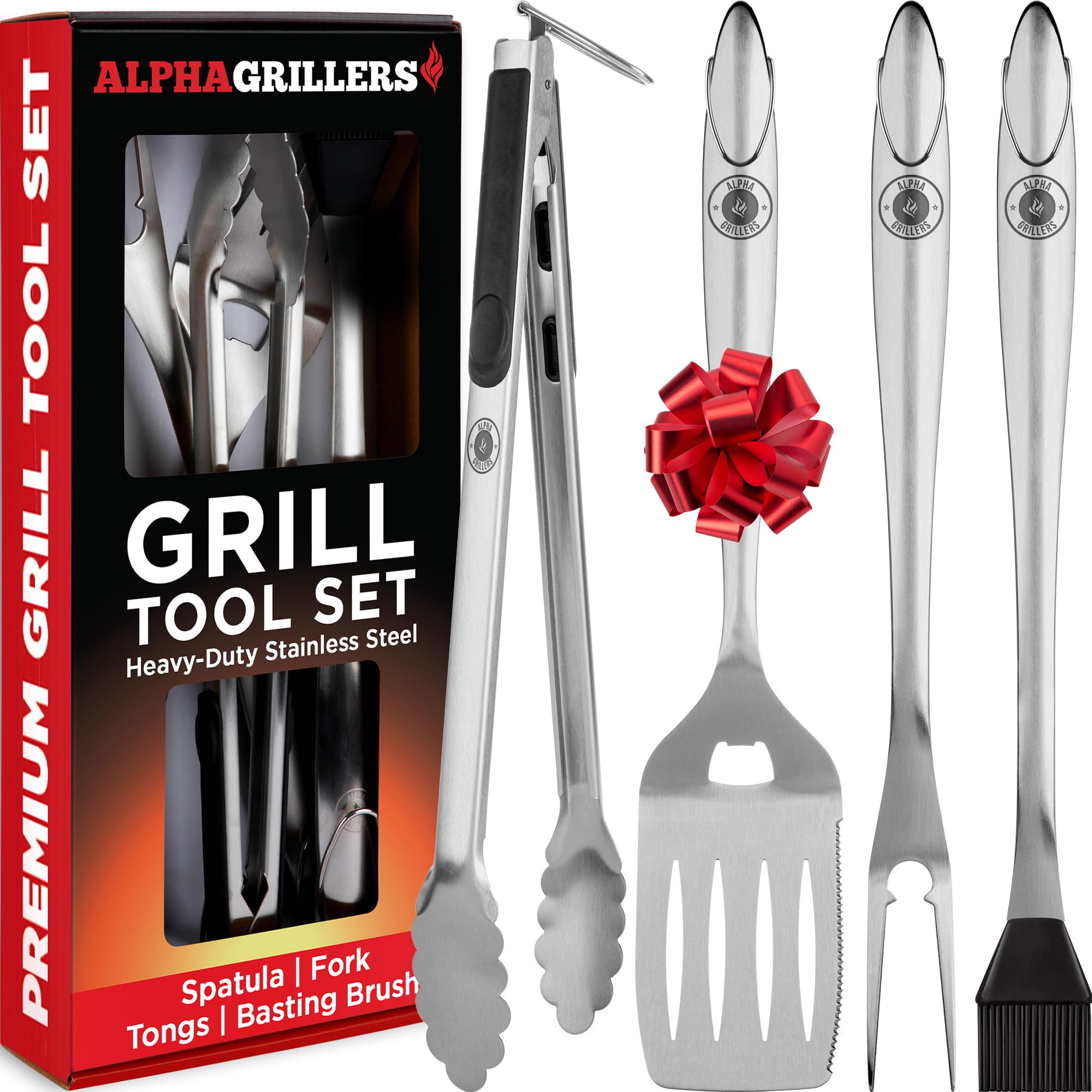 Alpha Grillers Grill Set Heavy Duty BBQ Accessories - BBQ Gifts Tool Set 4pc Grill Accessories with Spatula  Fork  Brush & BBQ Tongs - Grilling Cooking Gifts for Men Dad Durable  Stainless Steel