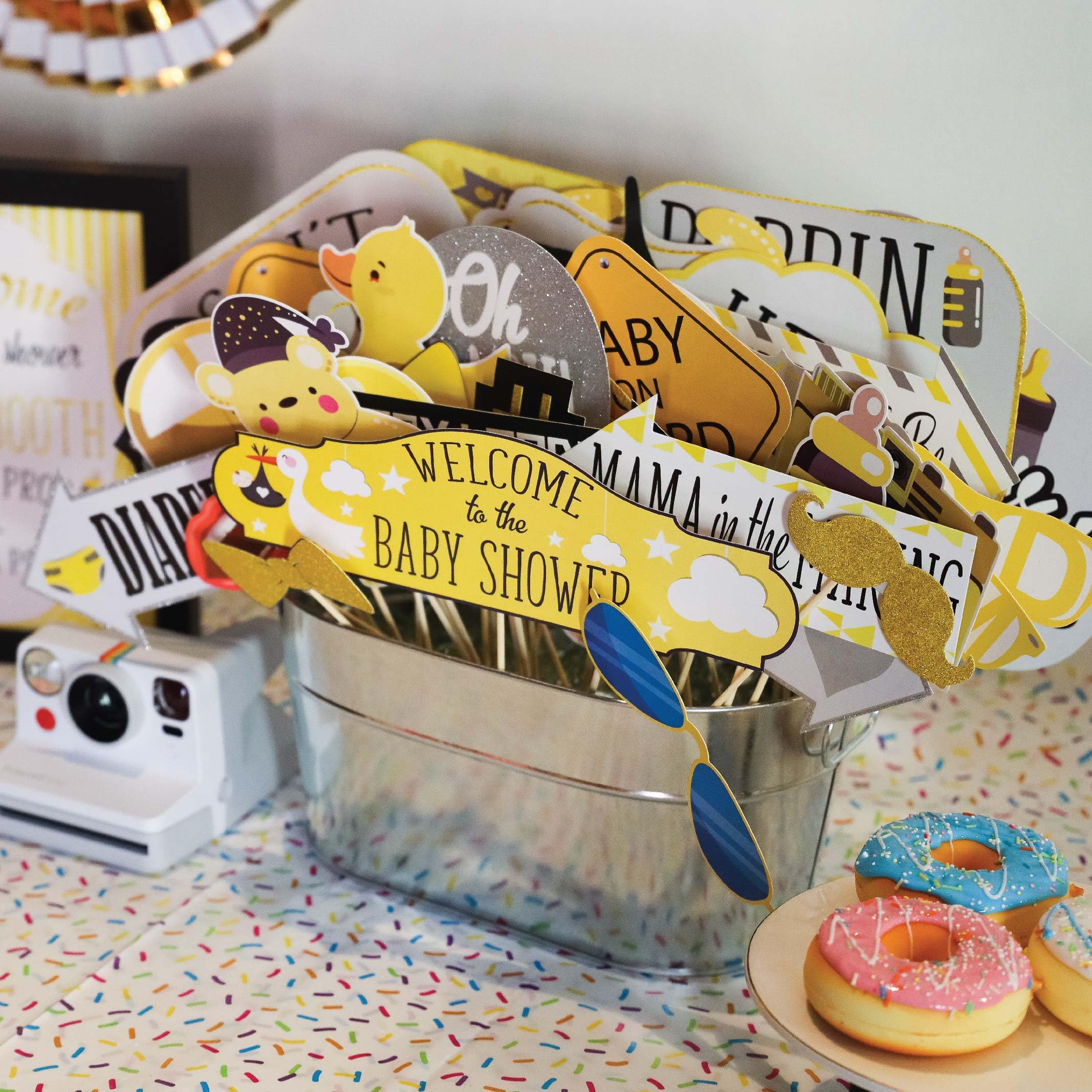 Baby Shower Photo Booth Props - 41-Pc Photo Booth Kit With 8 X 10-Inch Sign, 60 Adhesive Pads, 45 Sticks - Baby Shower Decoratio