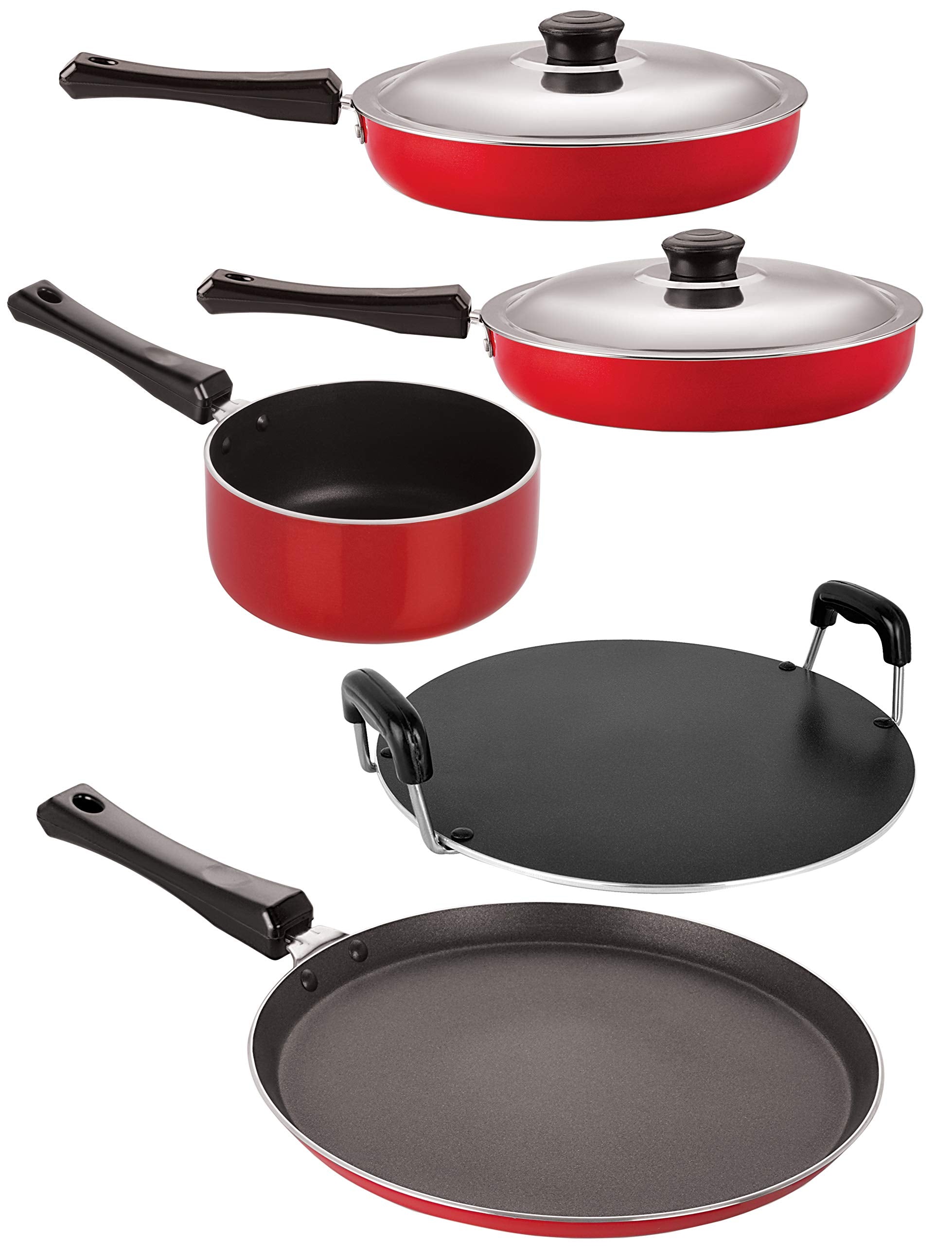 Nirlon NonStick 5 Piece Pfoa Free Cookware Essential Gift Set Offer With Stainless Steel Lid, Red & Black