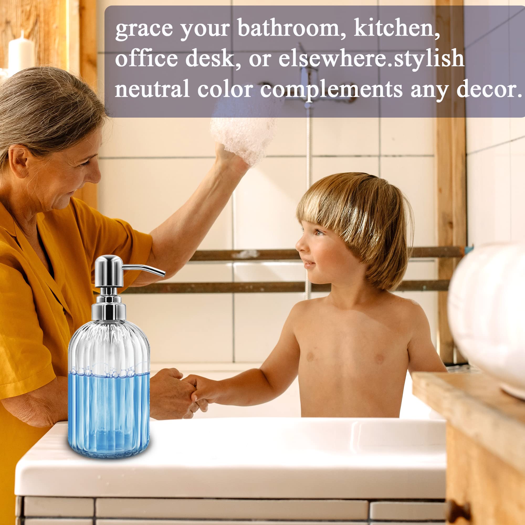 Soap Dispenser - 2 Pack 14 Oz Glass Soap Dispenser With Rust Proof Stainless Steel Pump, Refillable Liquid Bottle Dispenser, Pre