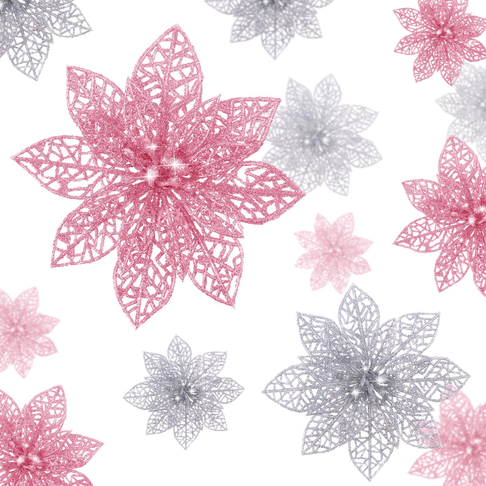 Boao 24 Pieces Christmas Poinsettia Tree Ornament Artificial Flowers Christmas Decoration Glitter Ornament, 3/4/6 Inches(Pink,Si